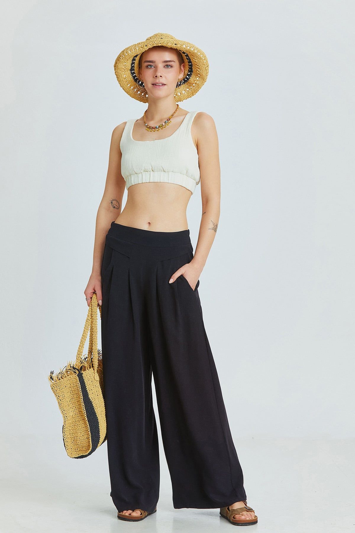 Black Bohemian Wide-Leg Pants with Front Pleats