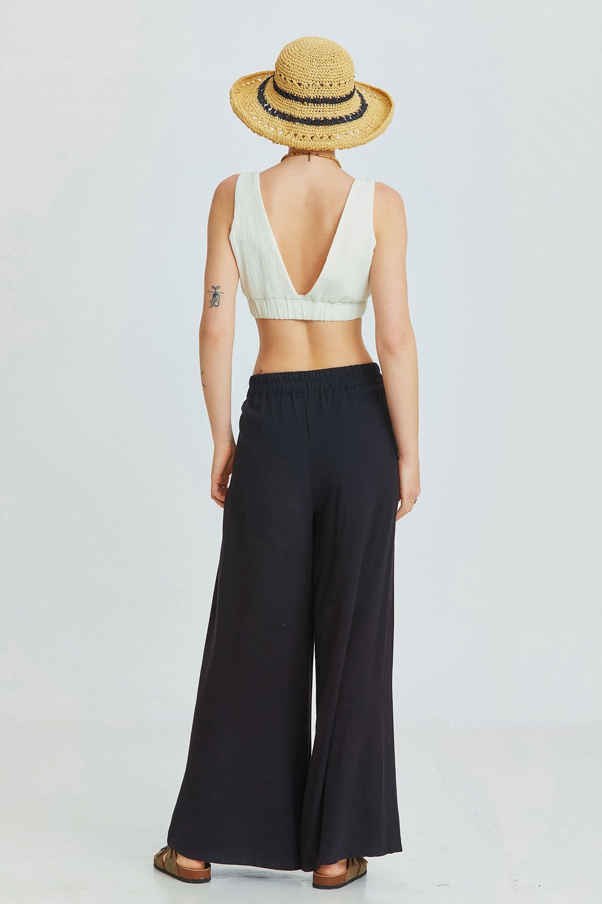 Black Bohemian Wide-Leg Pants with Front Pleats