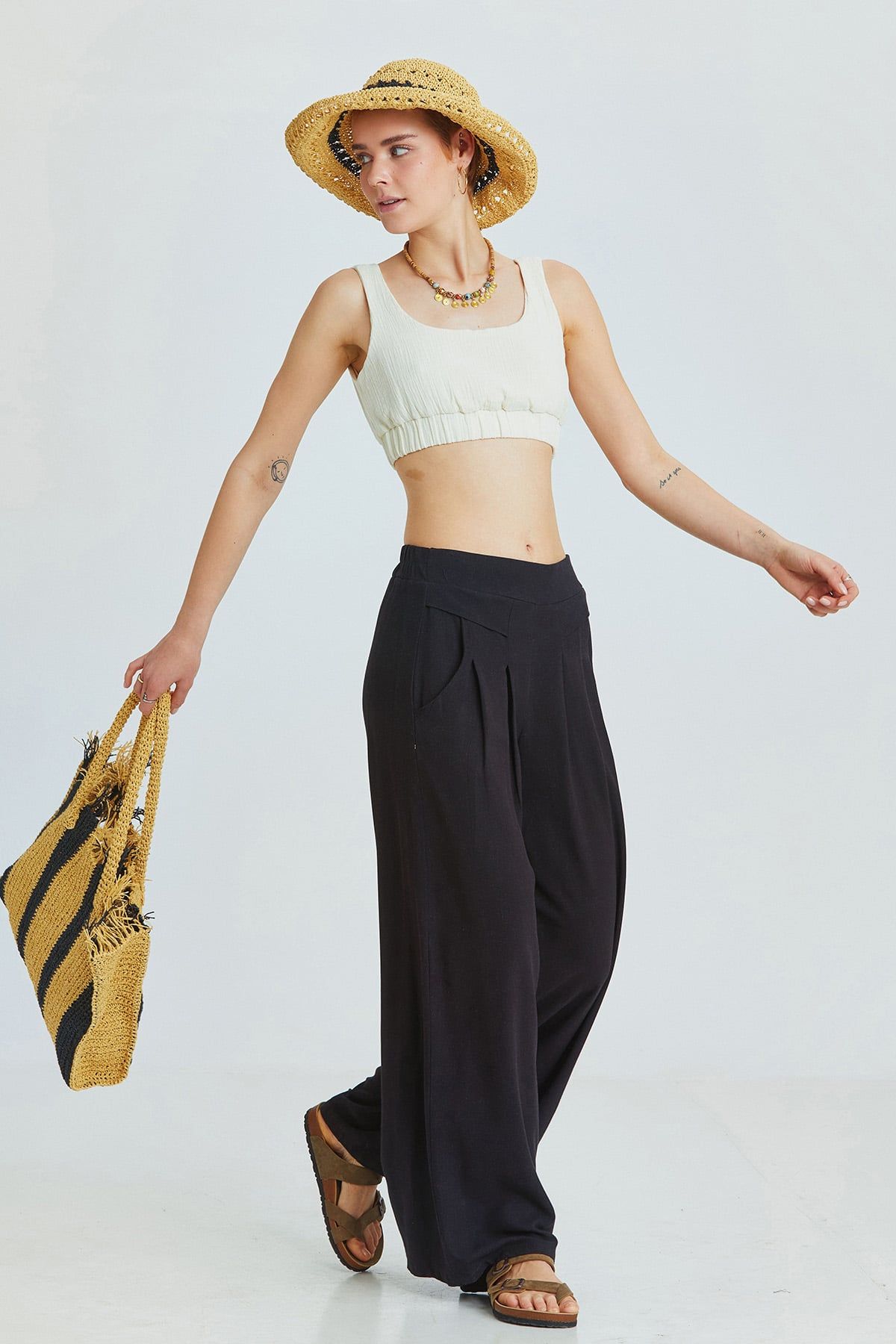 Black Bohemian Wide-Leg Pants with Front Pleats