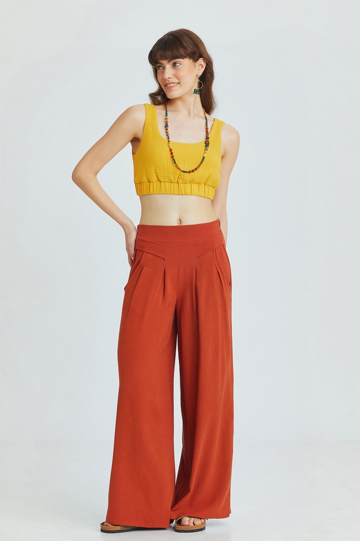 Burnt Orange Bohemian Wide-Leg Pants with Front Pleats