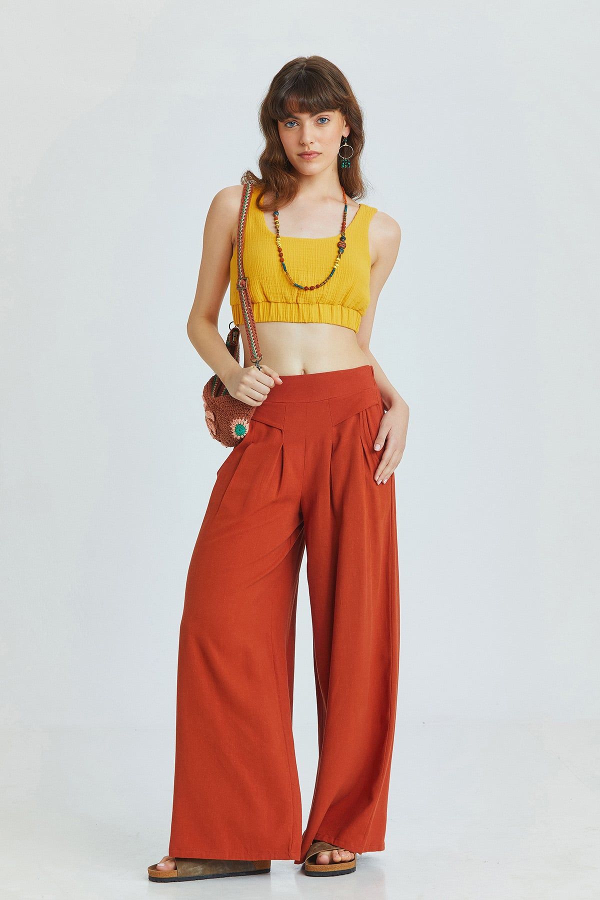 Burnt Orange Bohemian Wide-Leg Pants with Front Pleats