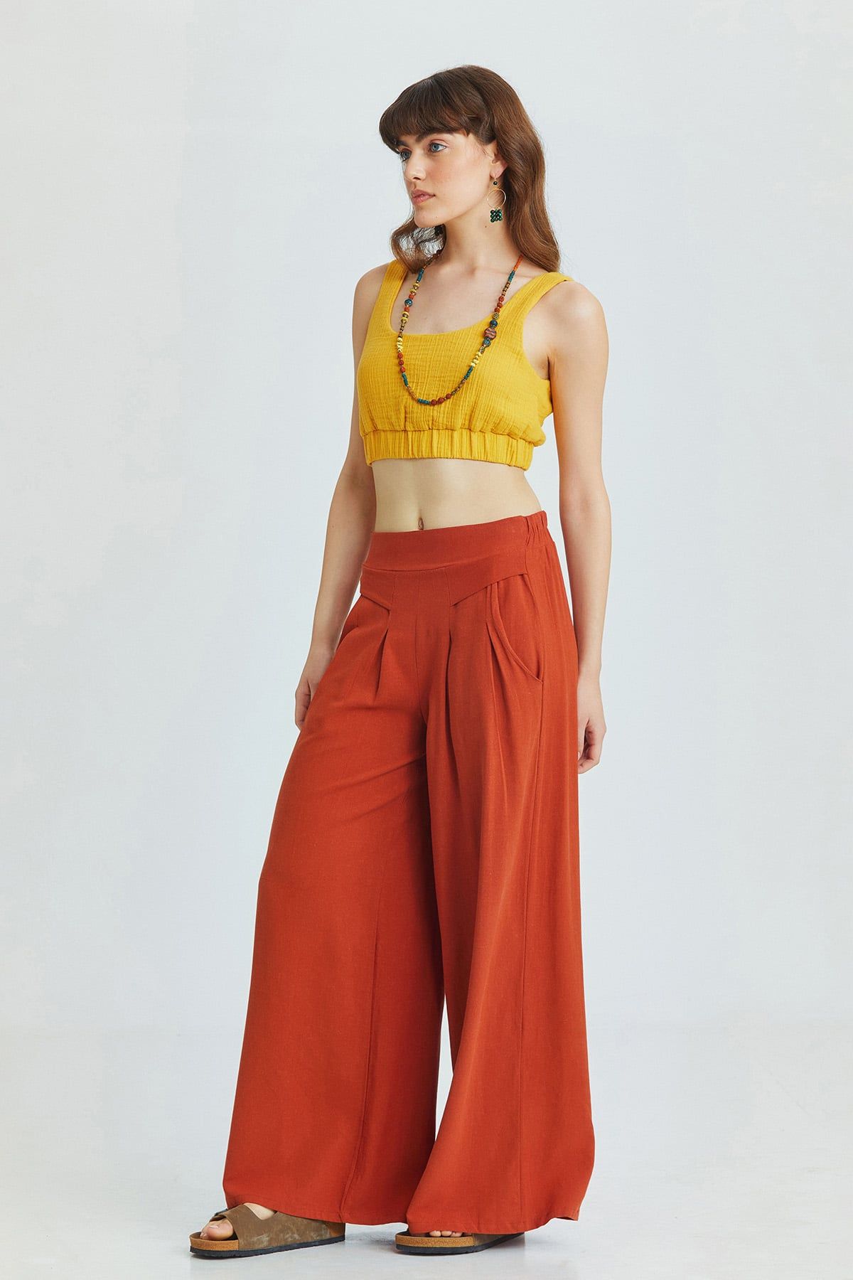 Burnt Orange Bohemian Wide-Leg Pants with Front Pleats