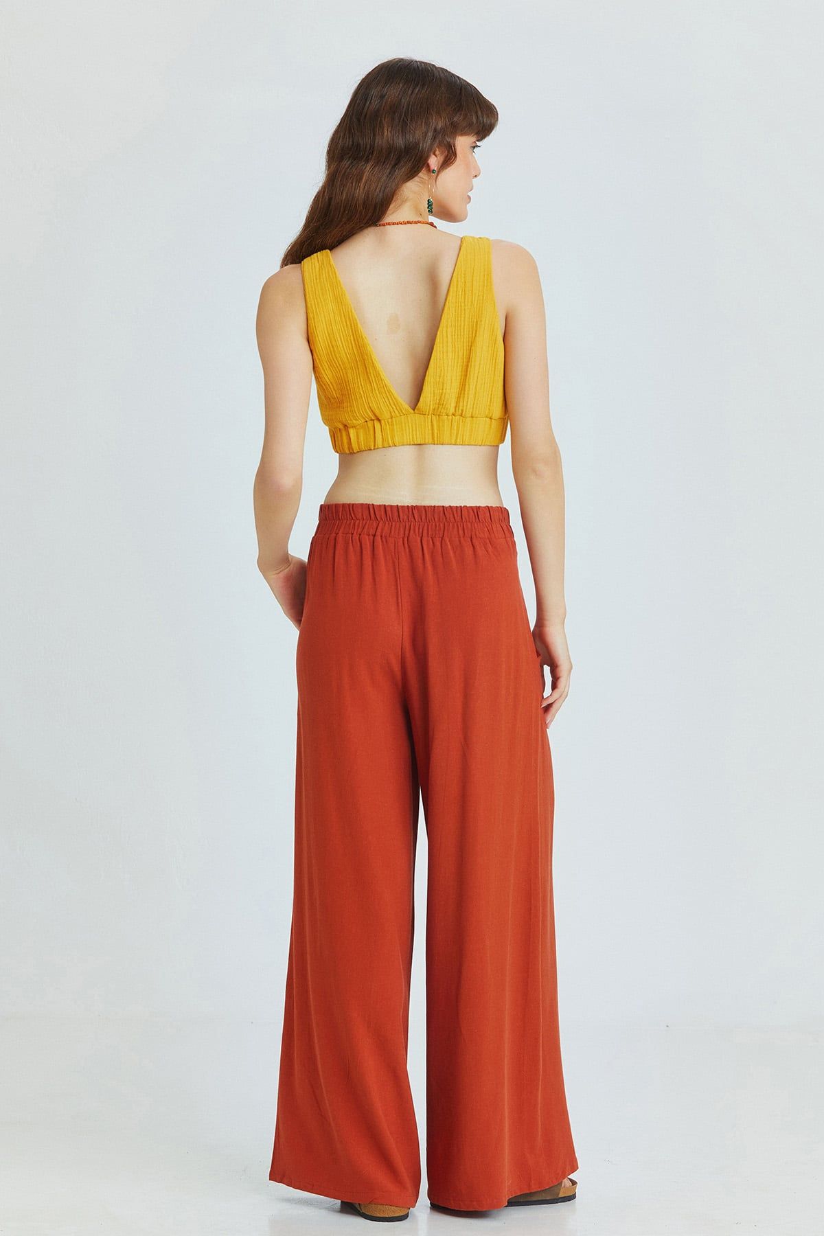 Burnt Orange Bohemian Wide-Leg Pants with Front Pleats