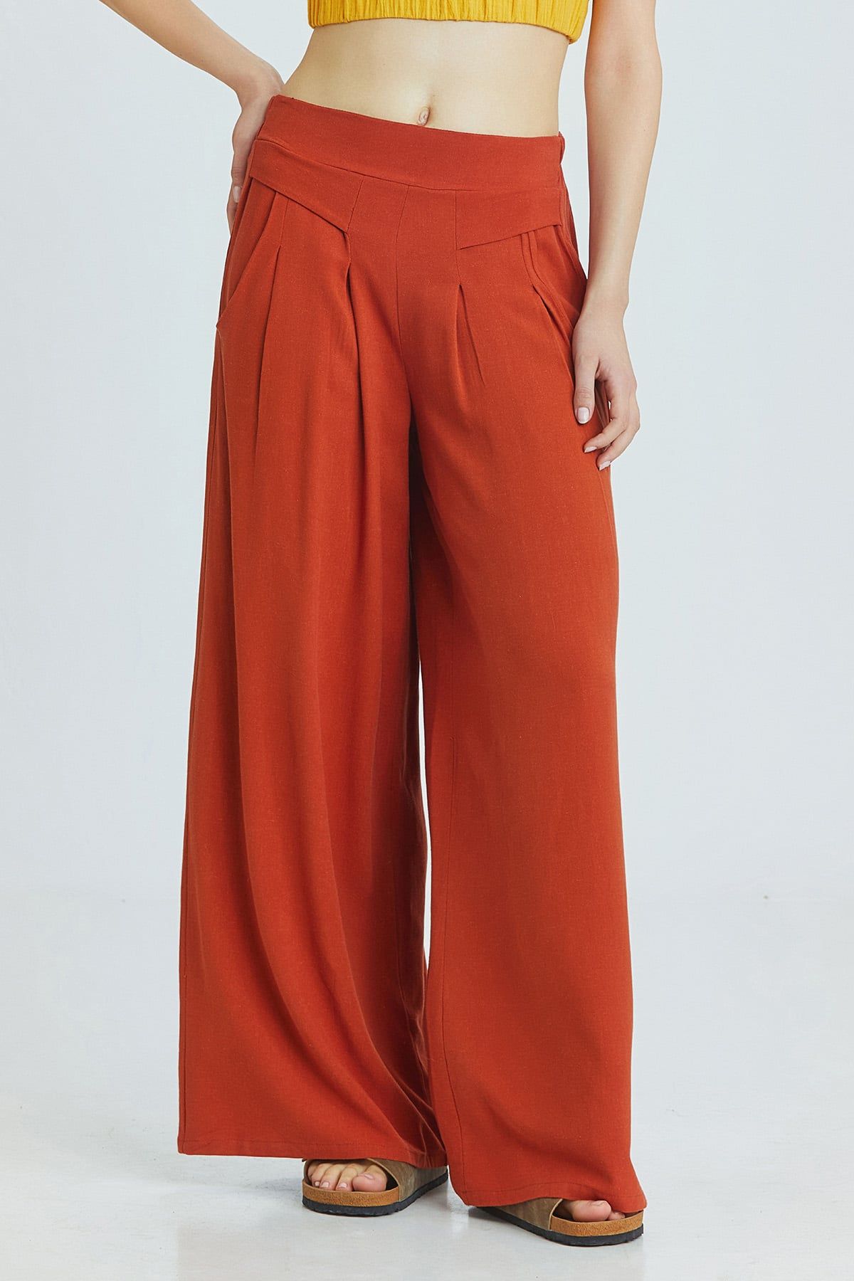 Burnt Orange Bohemian Wide-Leg Pants with Front Pleats