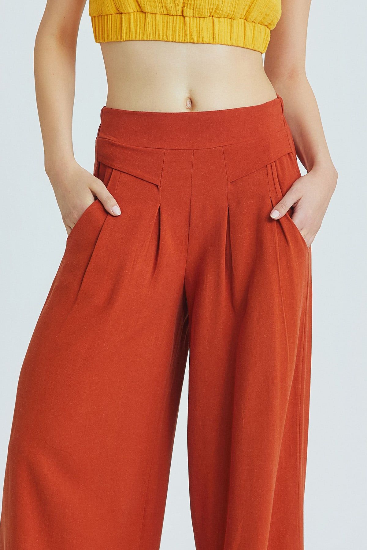 Burnt Orange Bohemian Wide-Leg Pants with Front Pleats