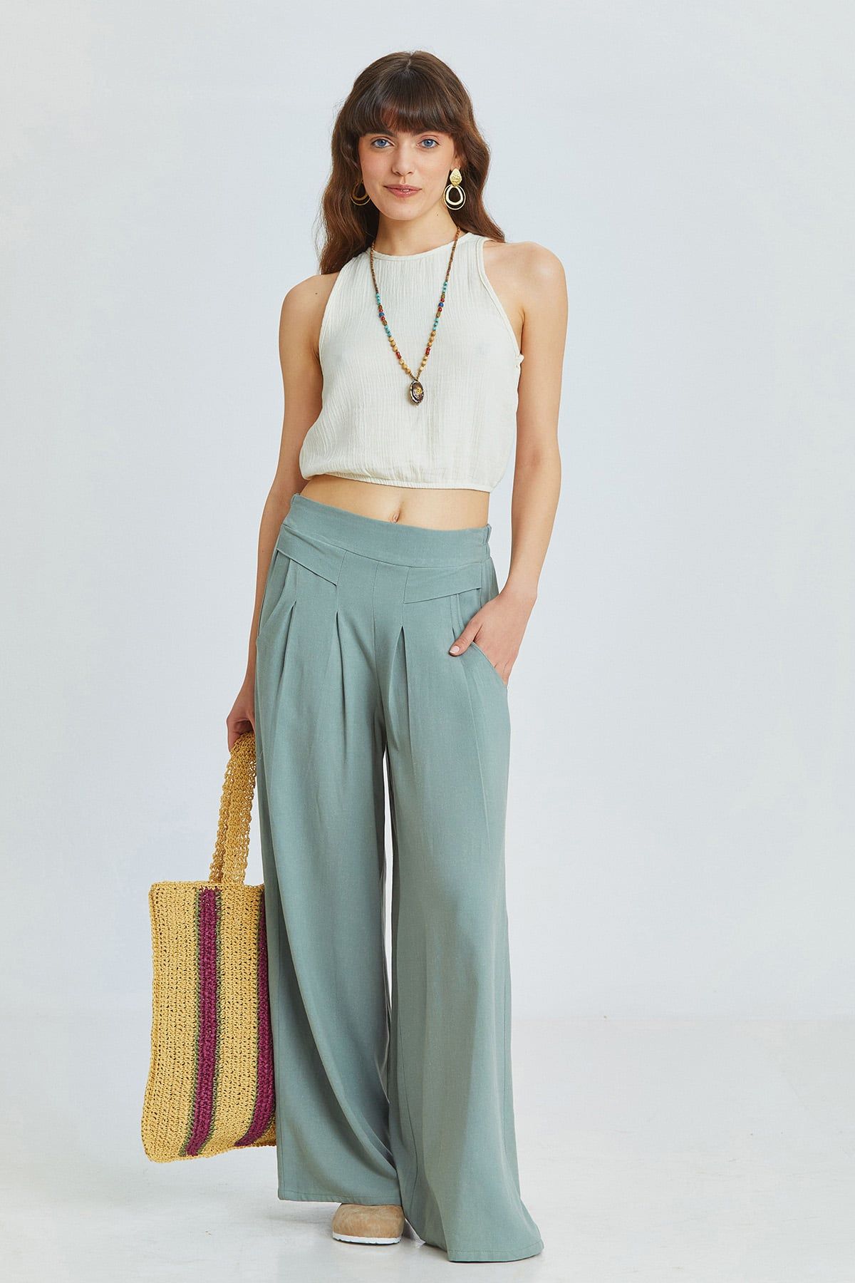 Pistachio Green Bohemian Wide-Leg Pants with Front Pleats