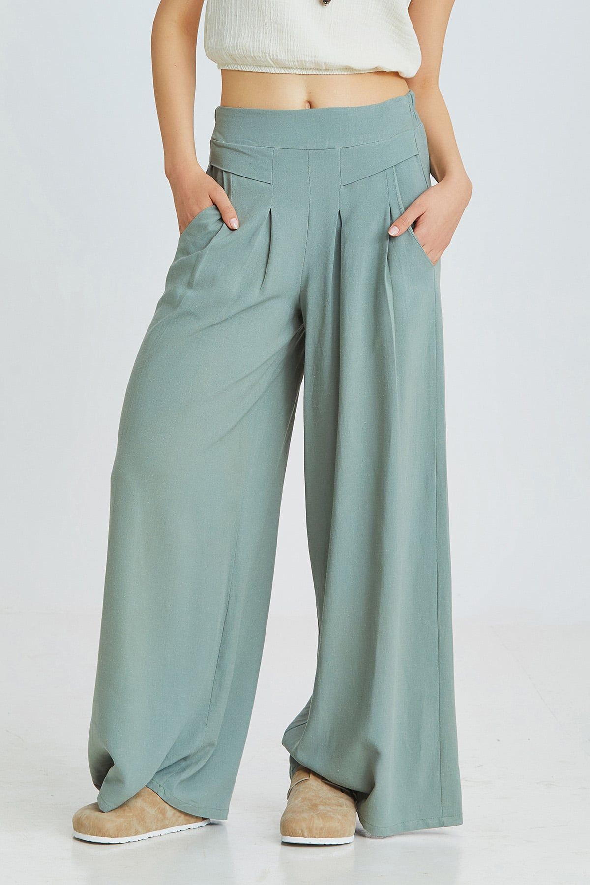 Pistachio Green Bohemian Wide-Leg Pants with Front Pleats