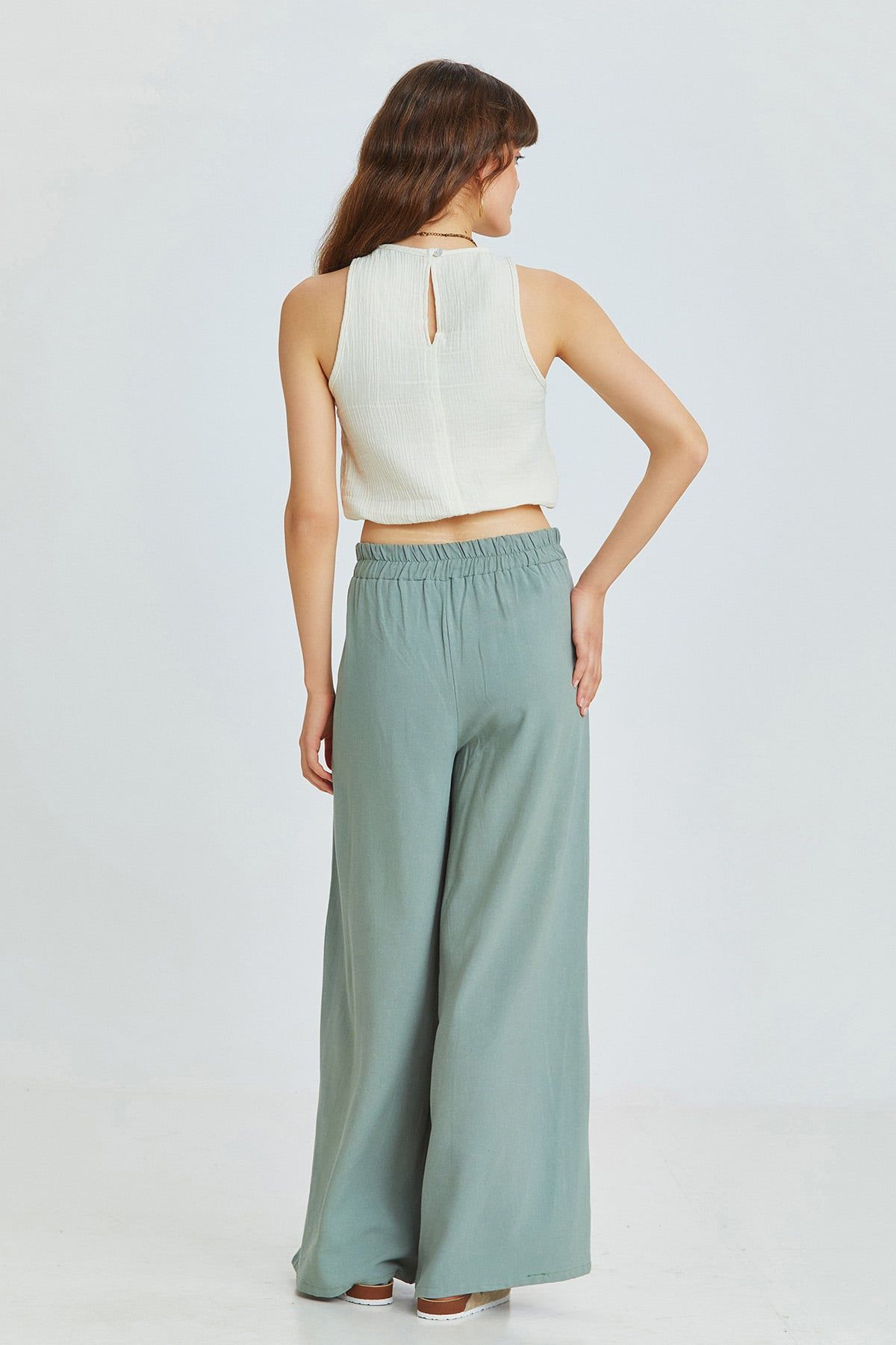 Pistachio Green Bohemian Wide-Leg Pants with Front Pleats