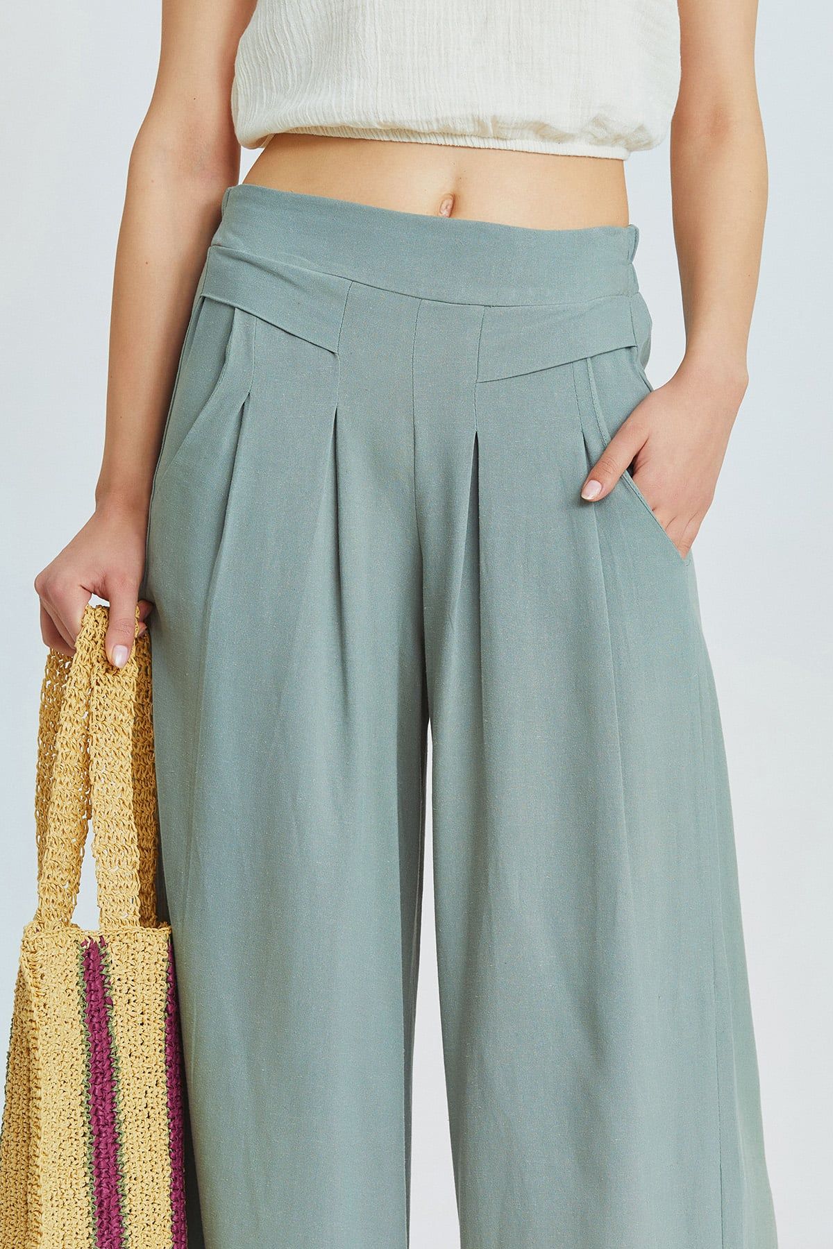 Pistachio Green Bohemian Wide-Leg Pants with Front Pleats