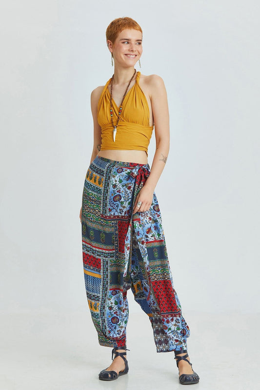 Blue Patch Pattern Viscose Harem Pants with Wrap Front