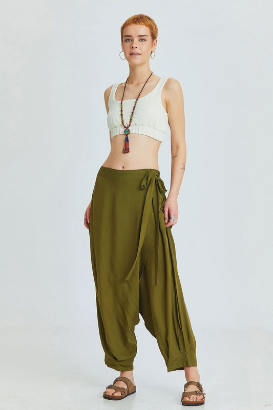 Khaki Viscose Harem Pants with Wrap Front