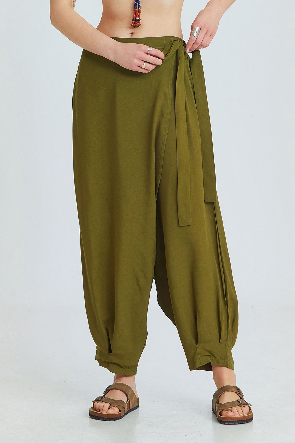 Khaki Viscose Harem Pants with Wrap Front