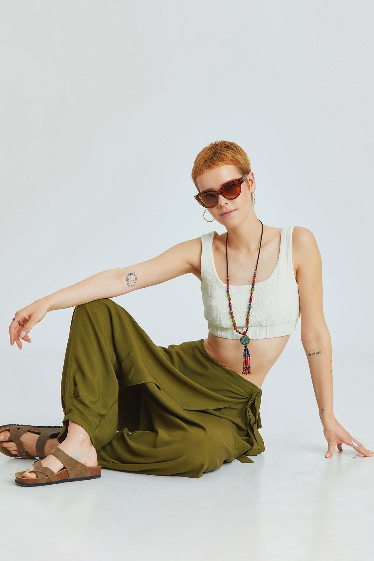 Khaki Viscose Harem Pants with Wrap Front