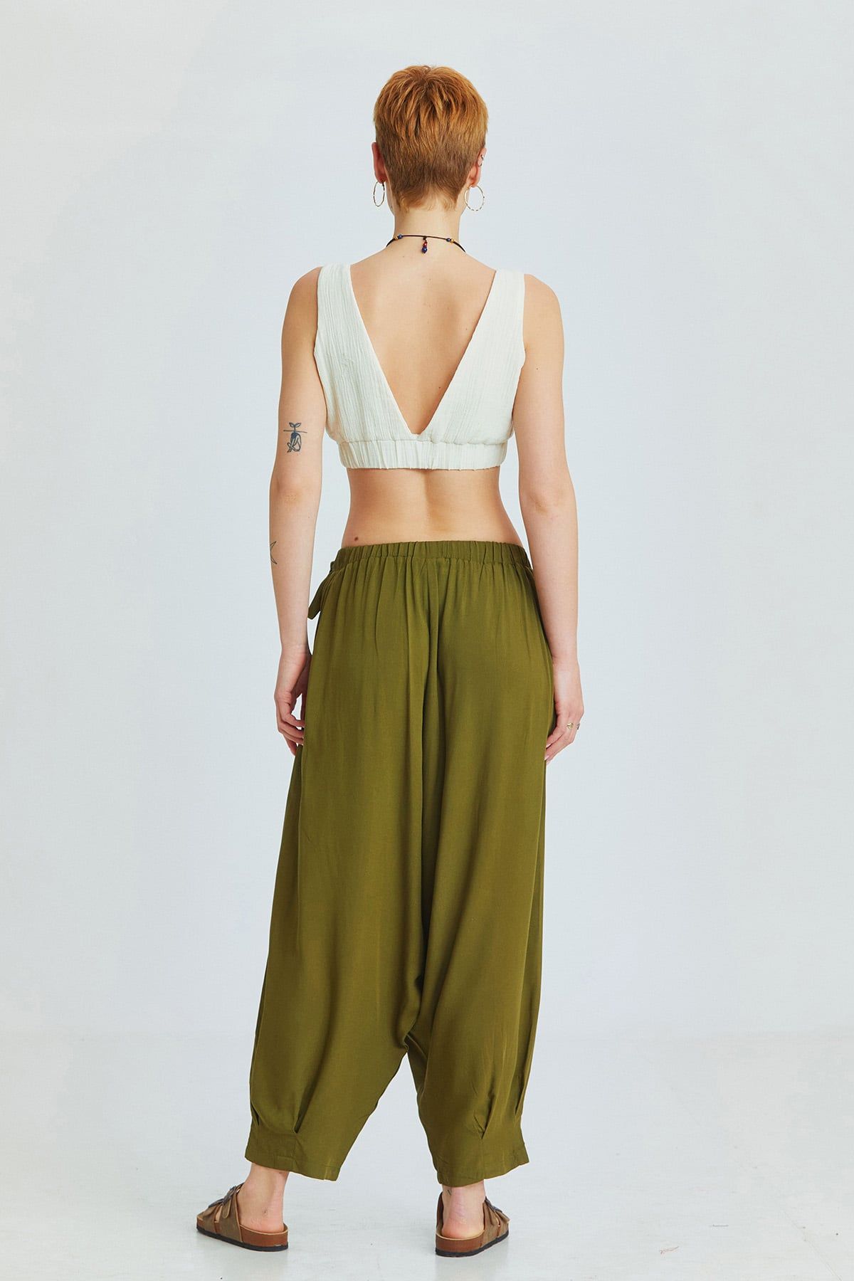 Khaki Viscose Harem Pants with Wrap Front