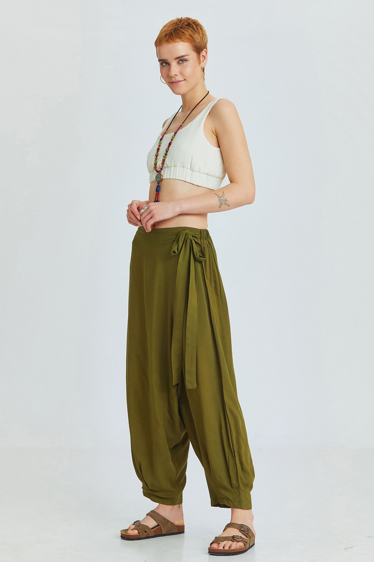 Khaki Viscose Harem Pants with Wrap Front