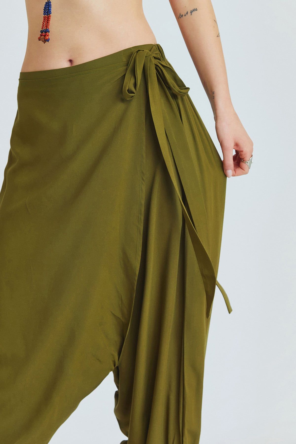 Khaki Viscose Harem Pants with Wrap Front