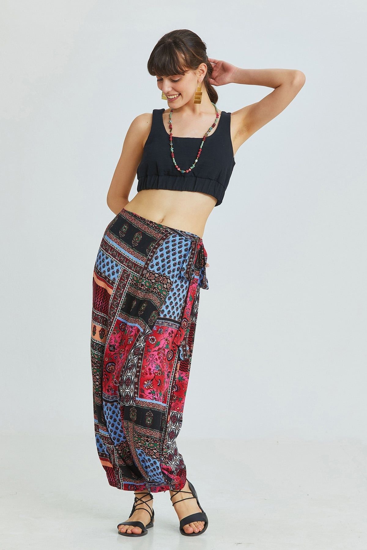 Pink Patch Pattern Viscose Harem Pants with Wrap Front