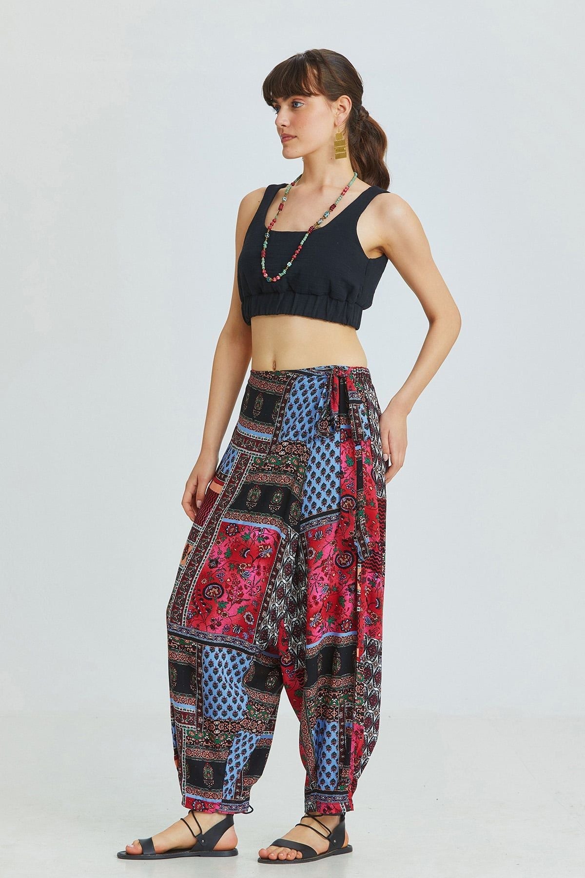 Pink Patch Pattern Viscose Harem Pants with Wrap Front