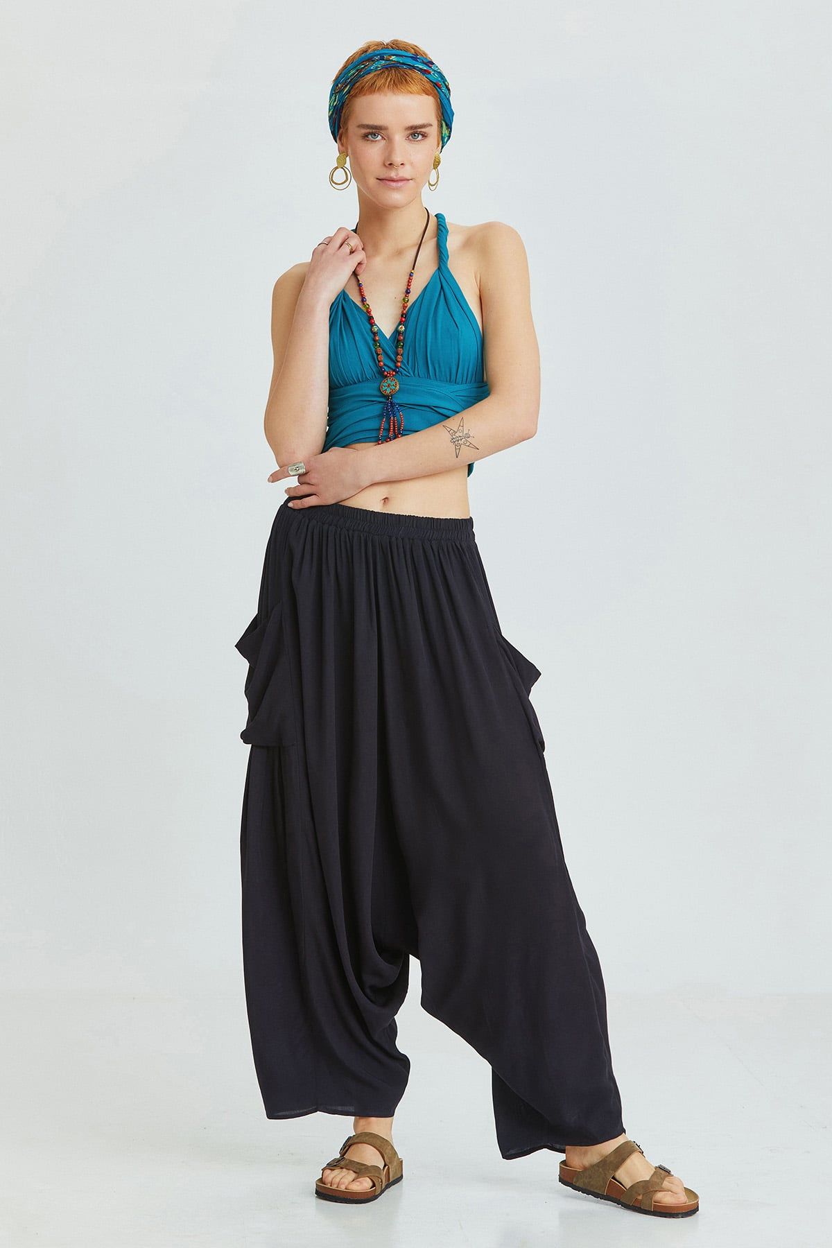 Black Viscose Bohemian Harem Pants with Patch Pockets