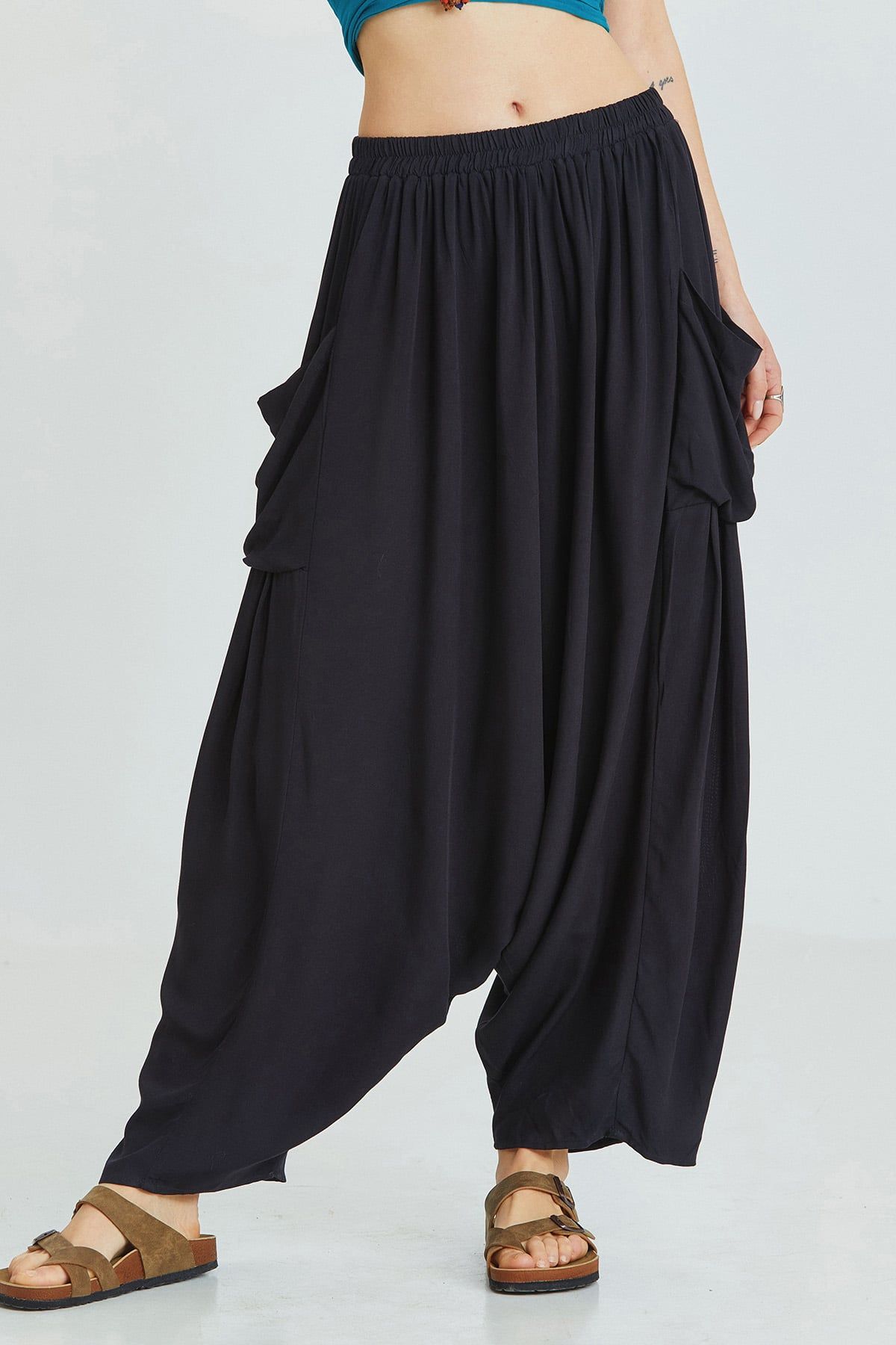 Black Viscose Bohemian Harem Pants with Patch Pockets