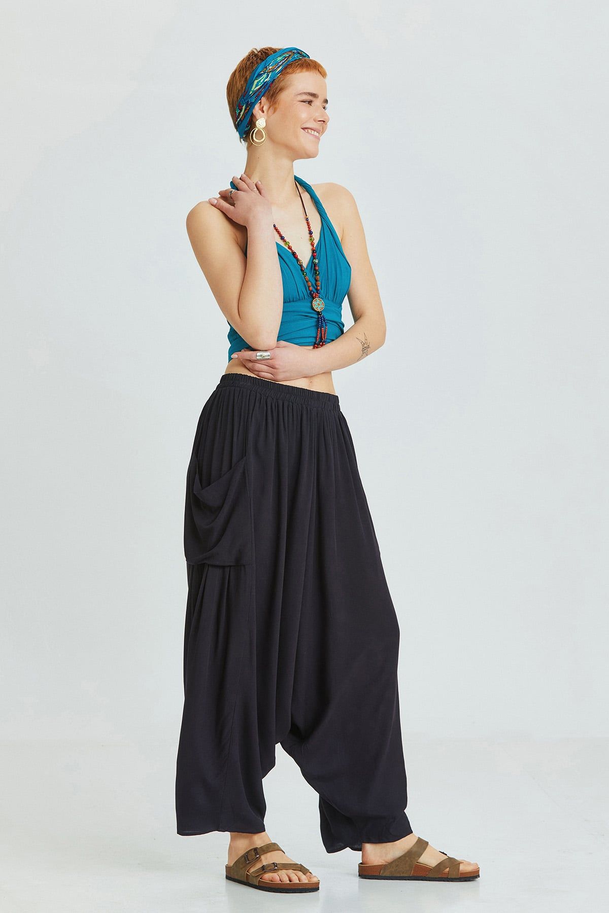 Black Viscose Bohemian Harem Pants with Patch Pockets