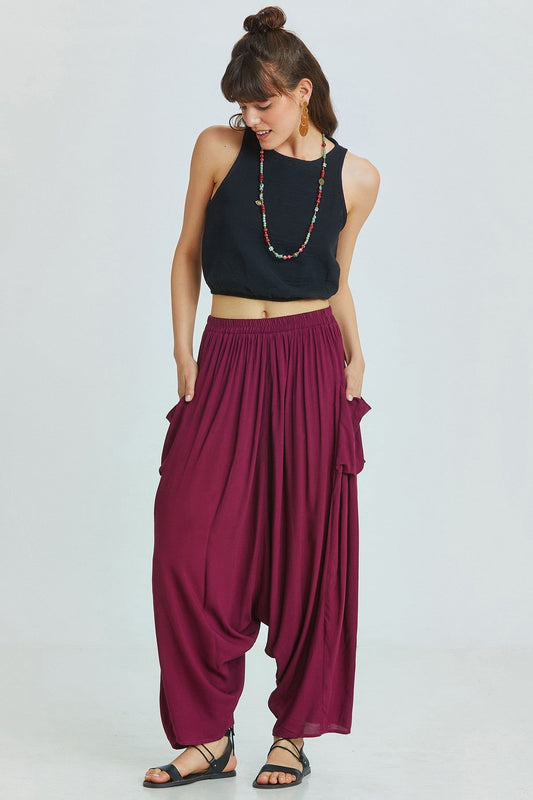 Purple Viscose Bohemian Harem Pants with Patch Pockets