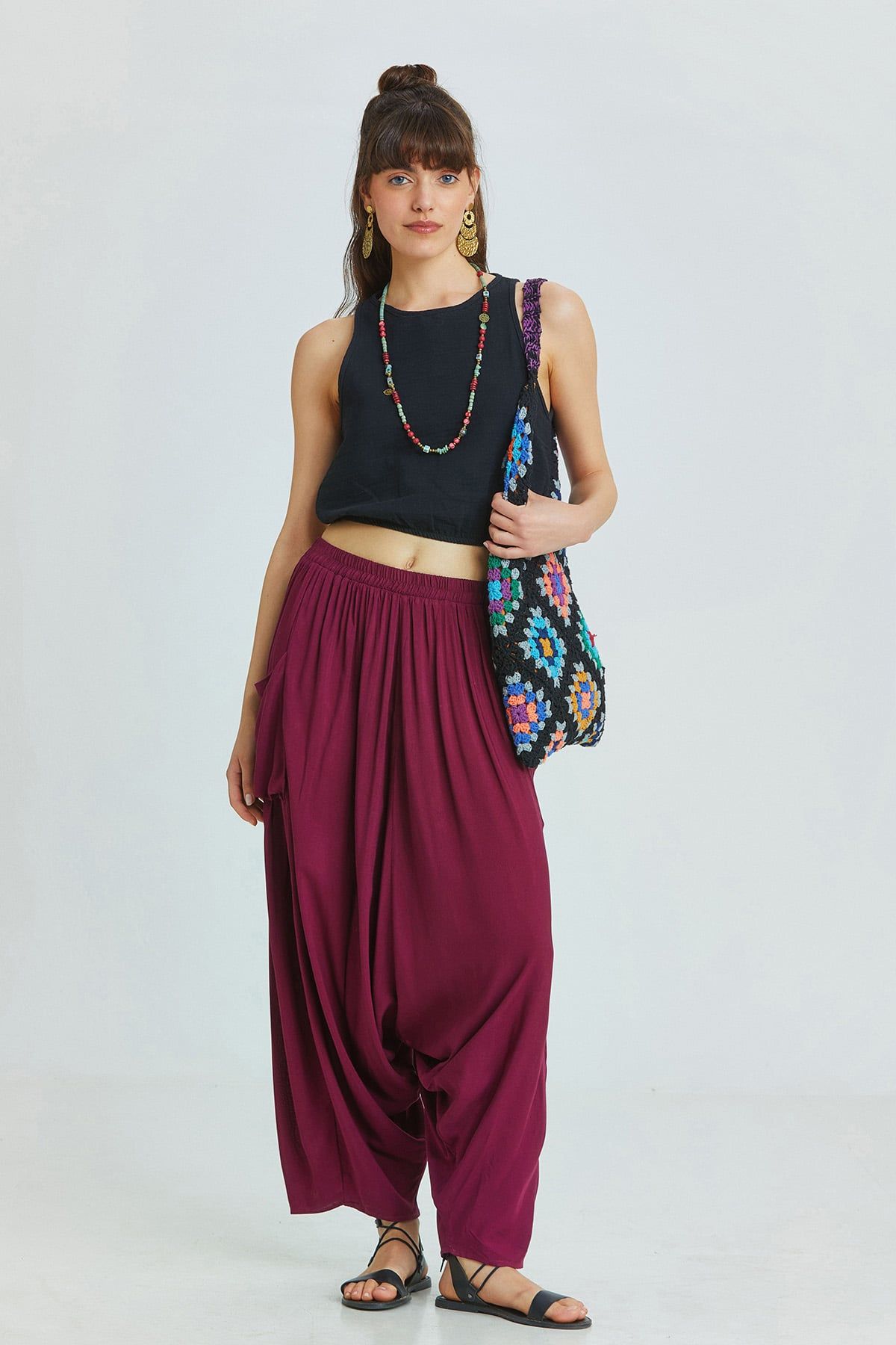 Purple Viscose Bohemian Harem Pants with Patch Pockets