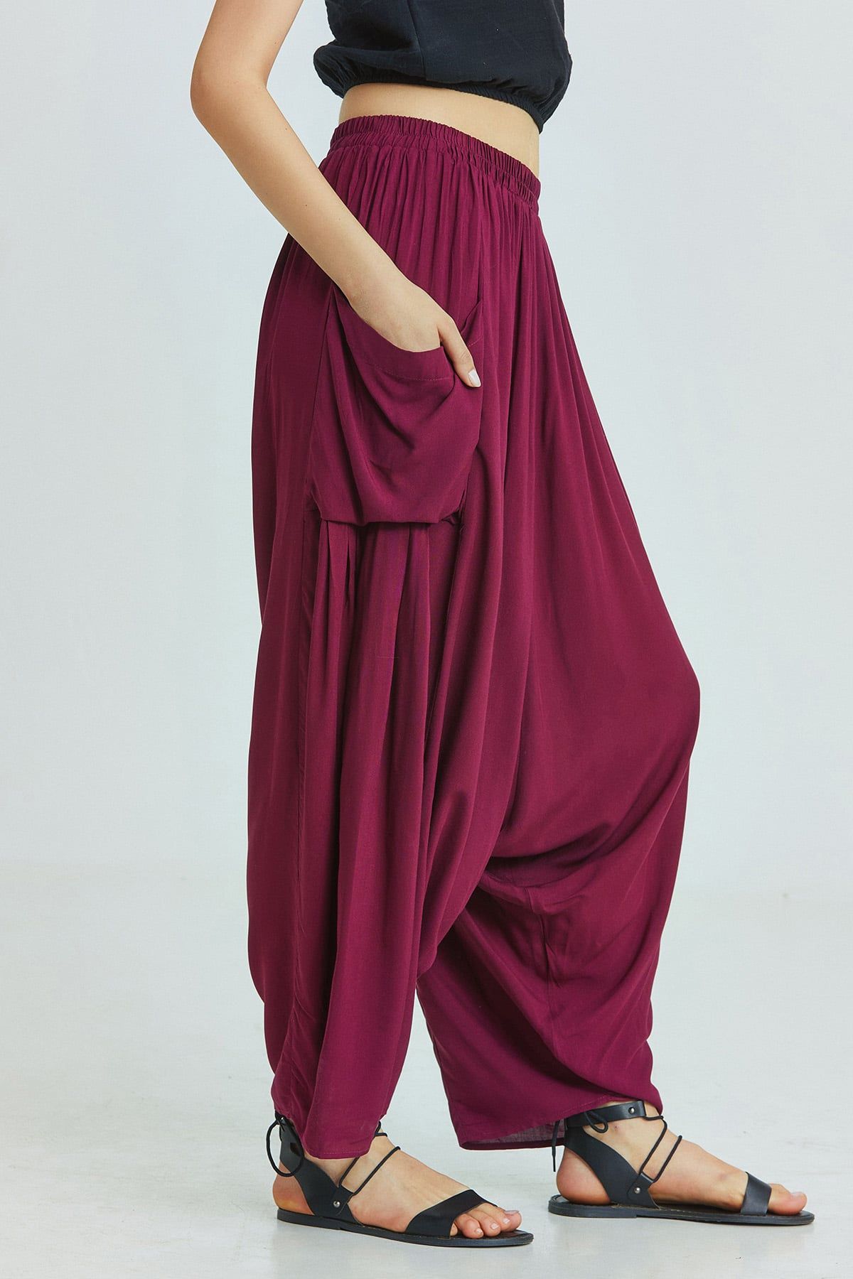 Purple Viscose Bohemian Harem Pants with Patch Pockets