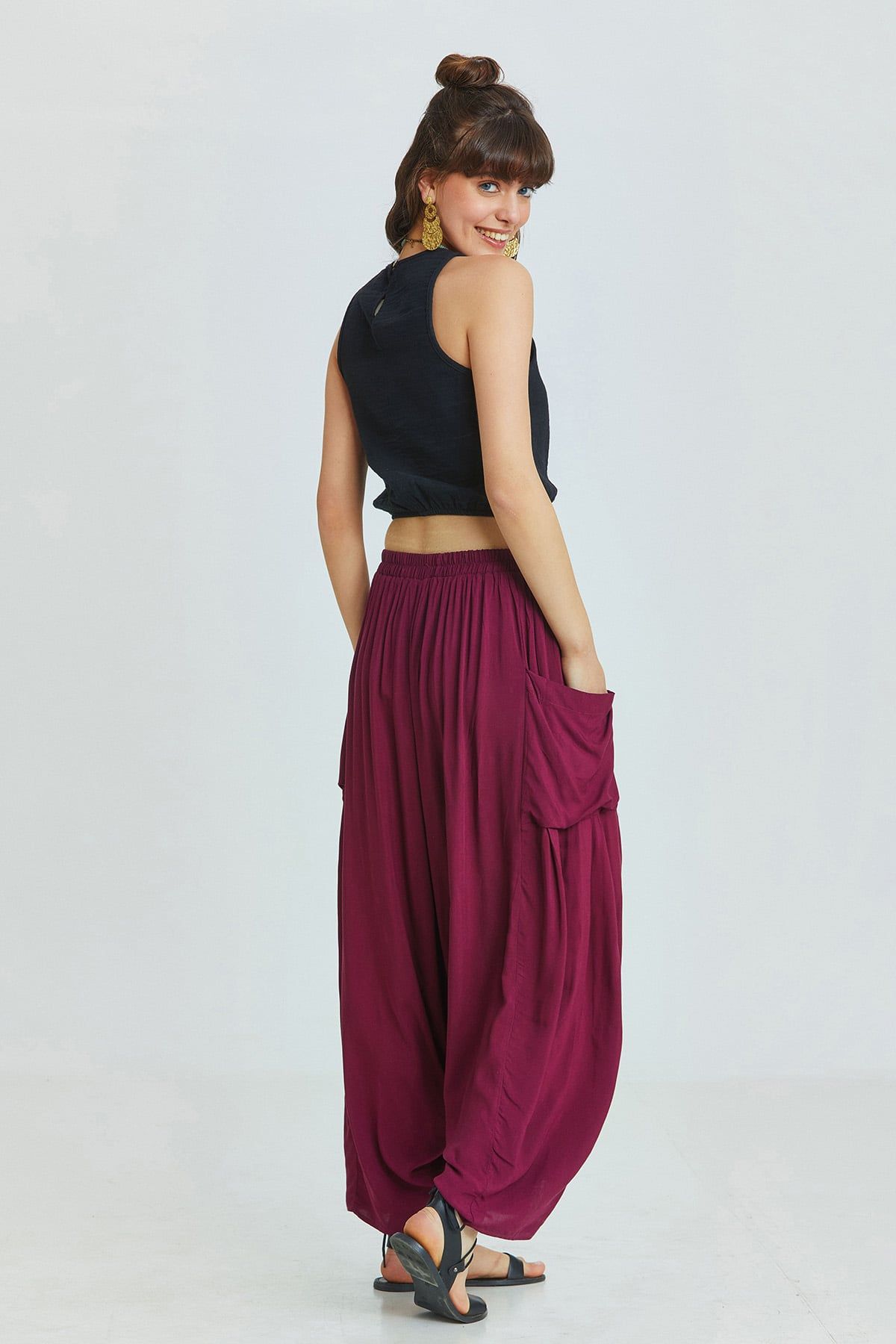 Purple Viscose Bohemian Harem Pants with Patch Pockets