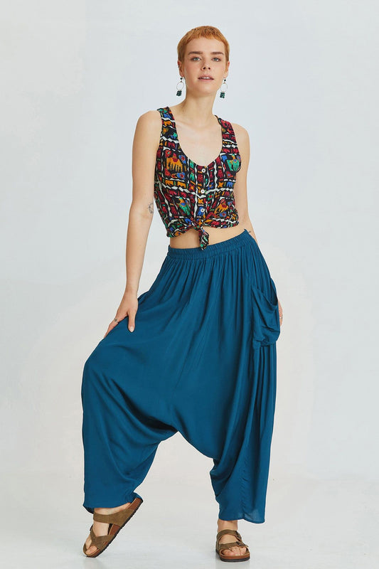 Dark Blue Viscose Bohemian Harem Pants with Patch Pockets