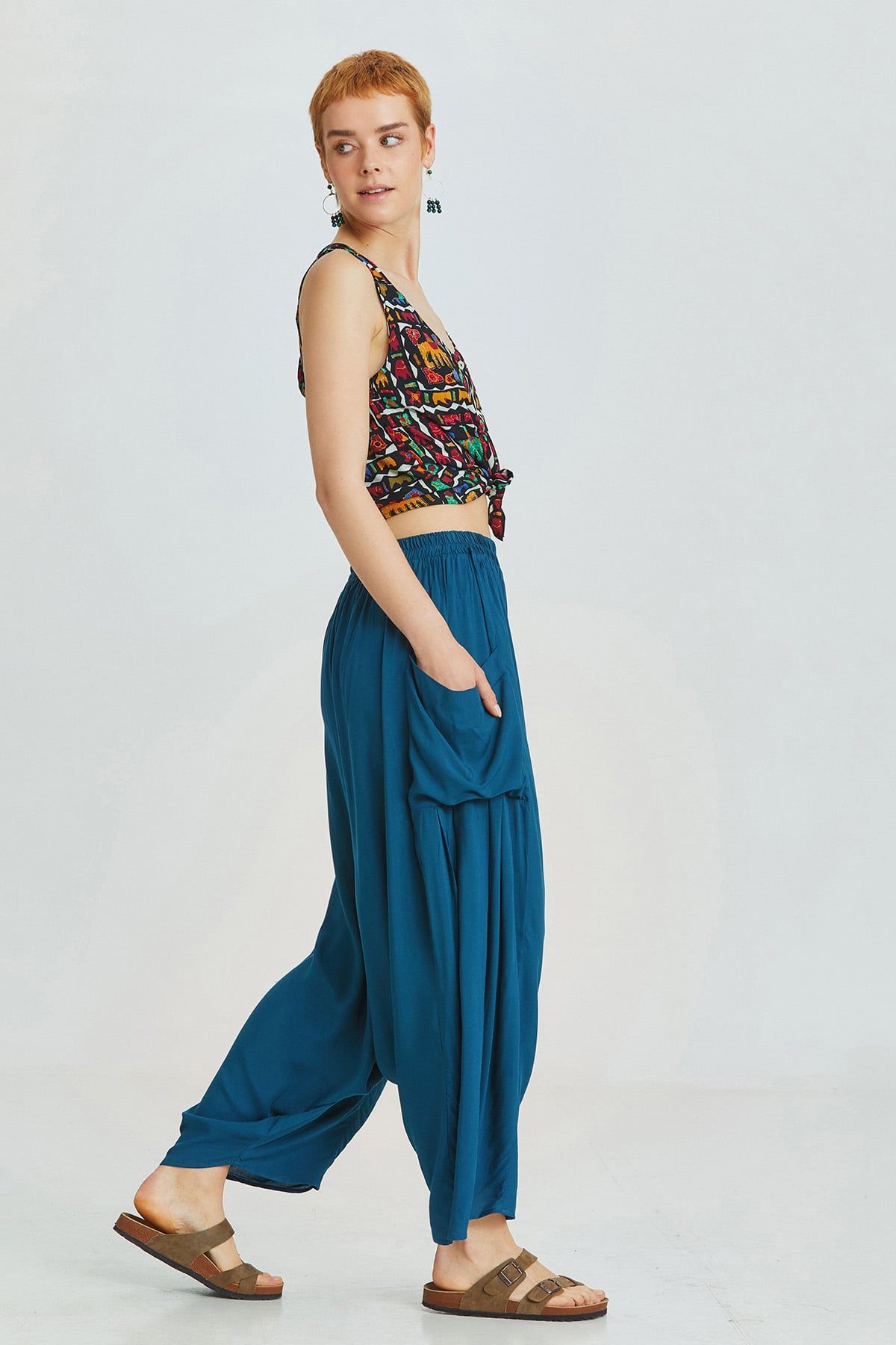 Dark Blue Viscose Bohemian Harem Pants with Patch Pockets