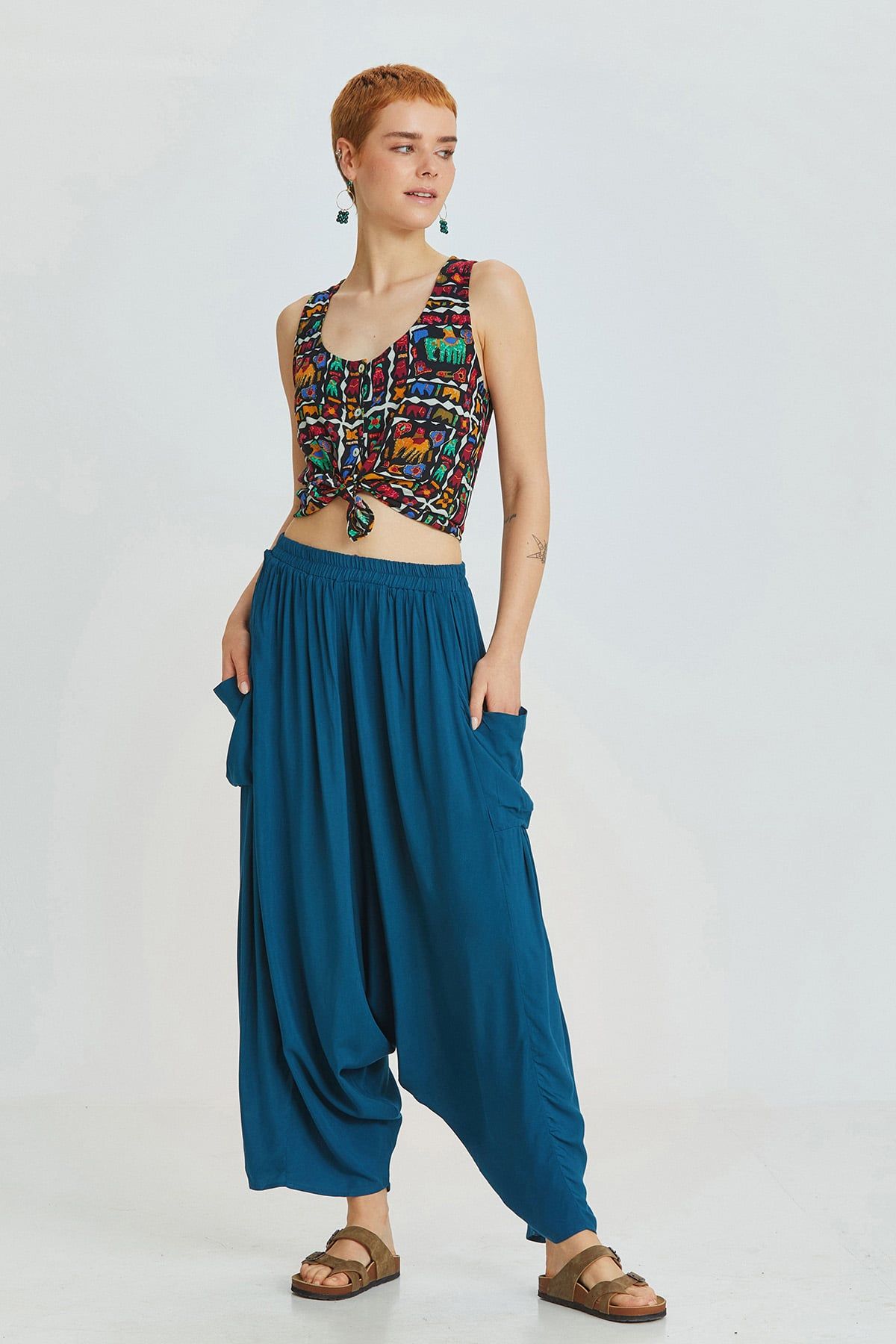 Dark Blue Viscose Bohemian Harem Pants with Patch Pockets