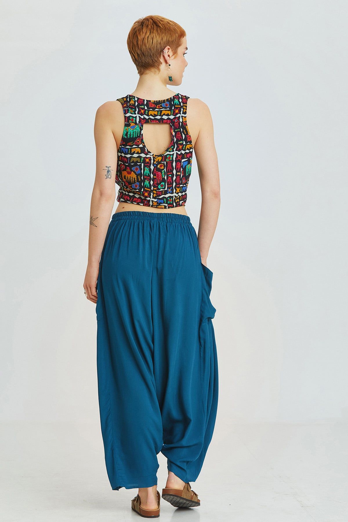 Dark Blue Viscose Bohemian Harem Pants with Patch Pockets