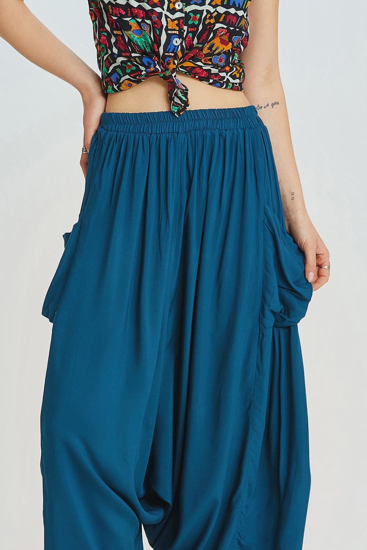 Dark Blue Viscose Bohemian Harem Pants with Patch Pockets