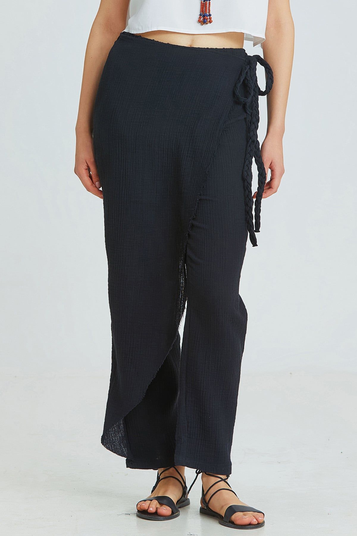 Black Muslin Summer Pants with Crossover Closure and Lace-Up Details