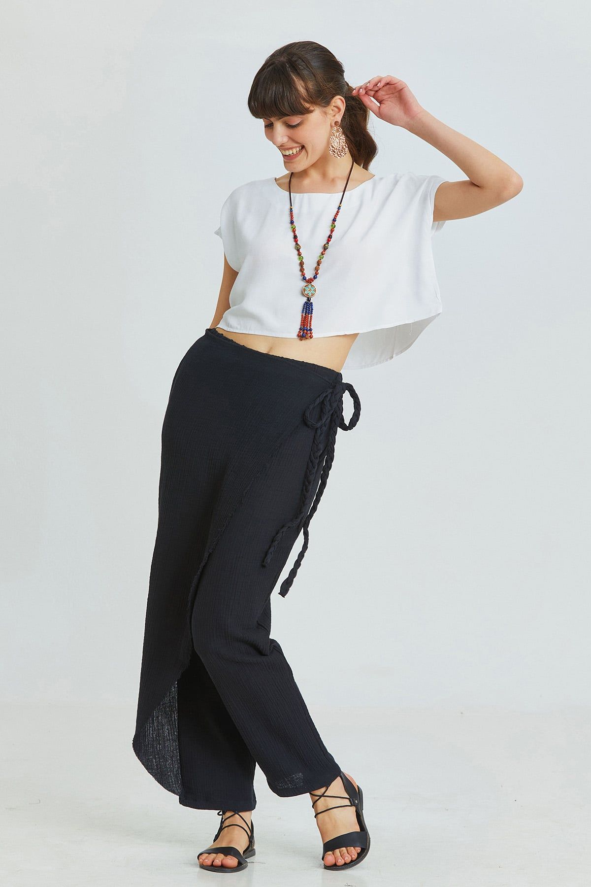 Black Muslin Summer Pants with Crossover Closure and Lace-Up Details