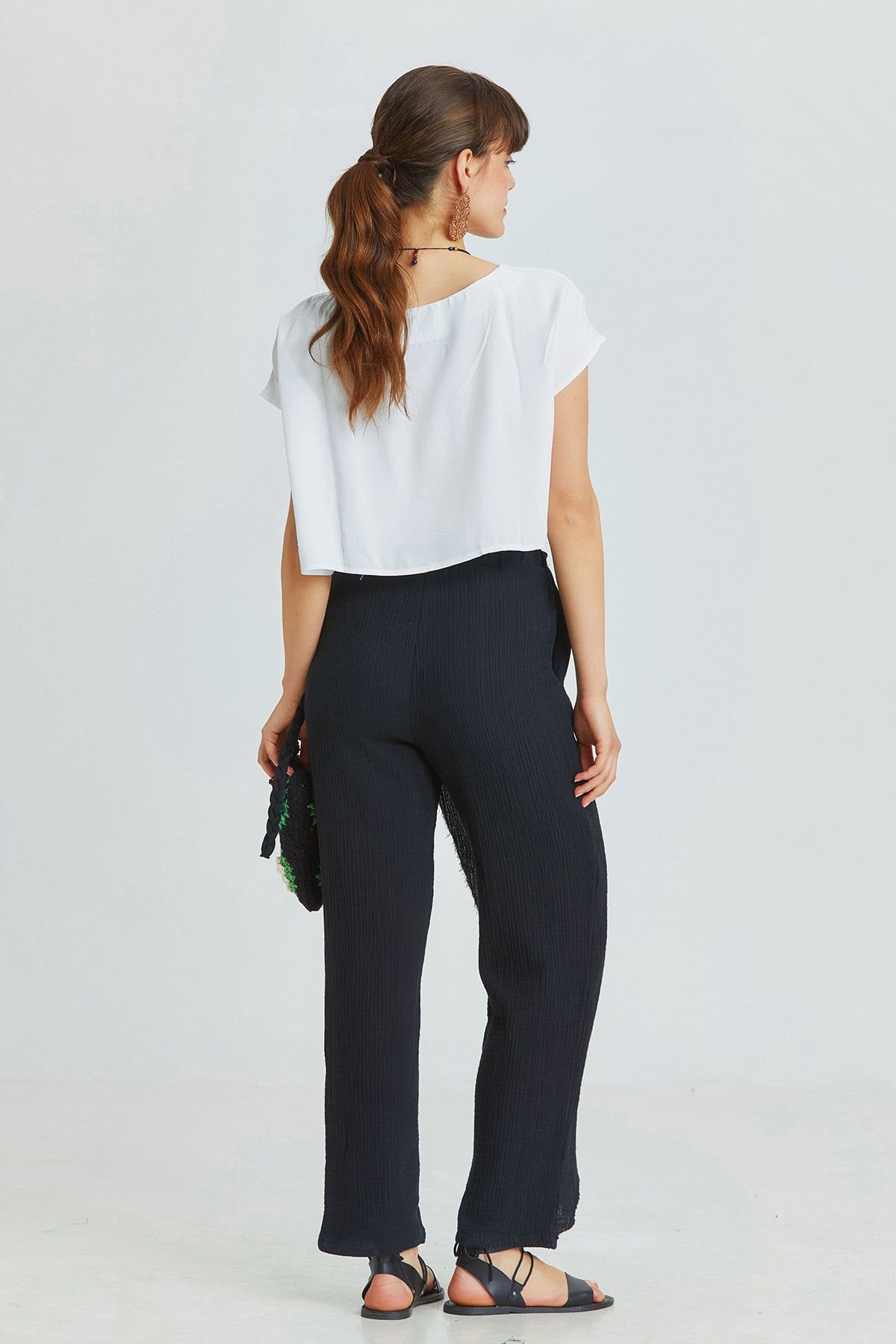 Black Muslin Summer Pants with Crossover Closure and Lace-Up Details