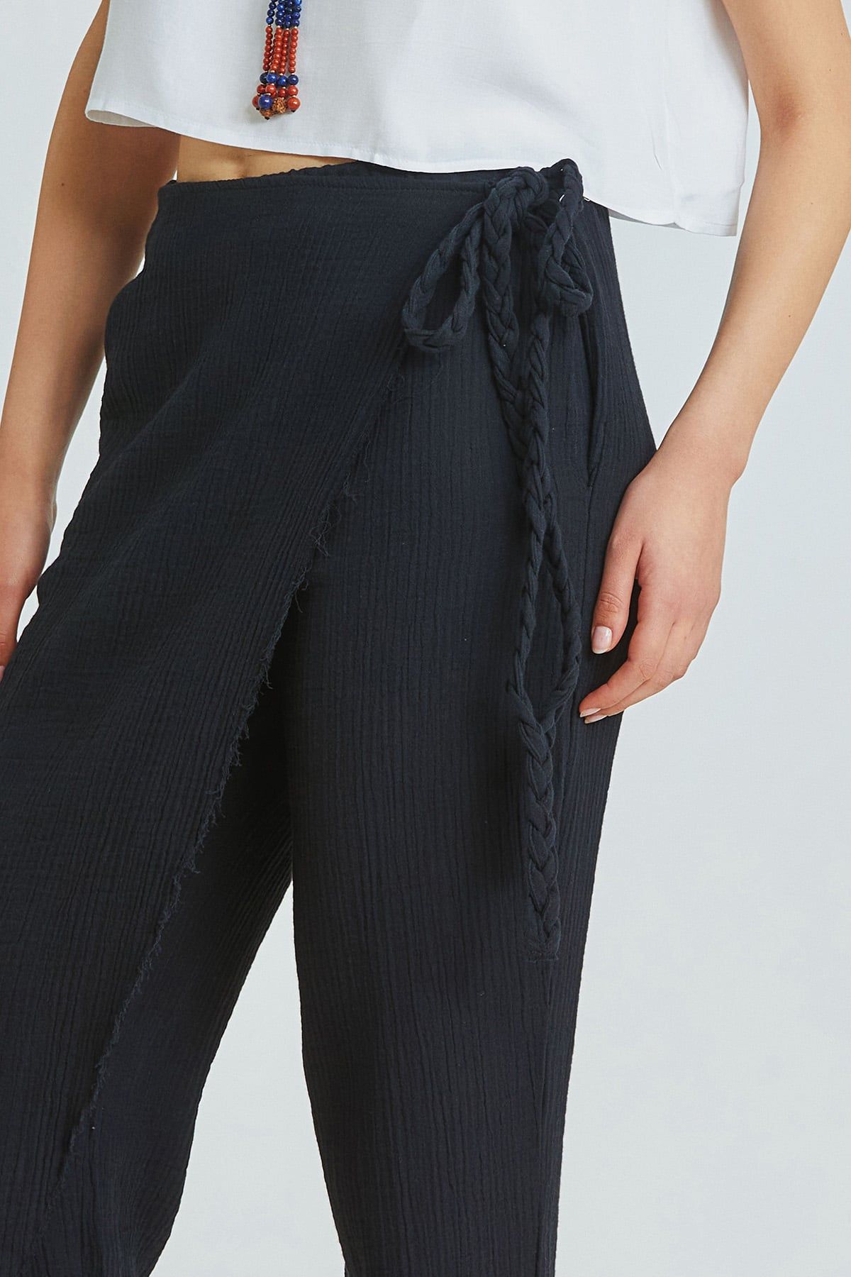 Black Muslin Summer Pants with Crossover Closure and Lace-Up Details