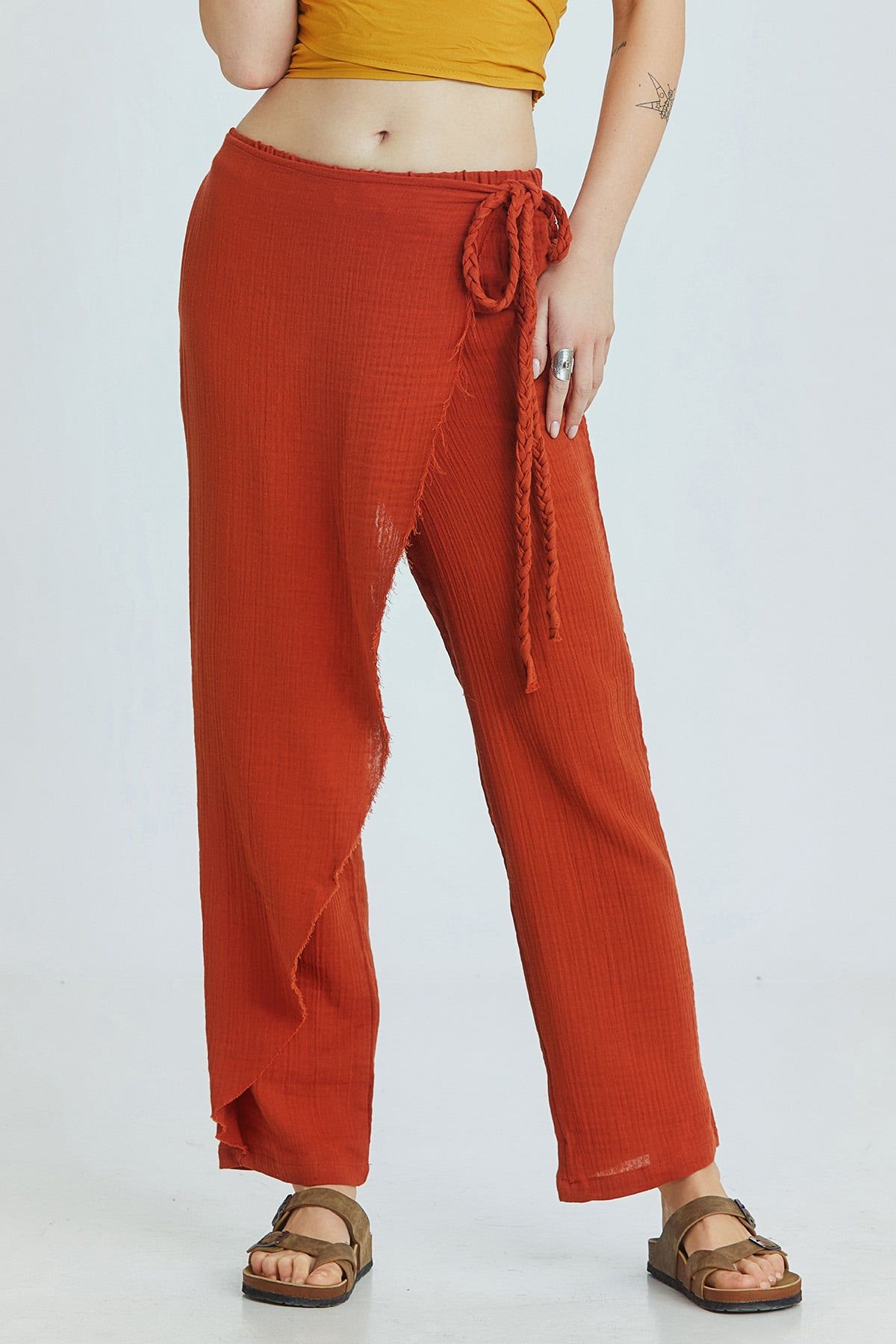 Orange Muslin Summer Pants with Crossover Closure and Lace-Up Details