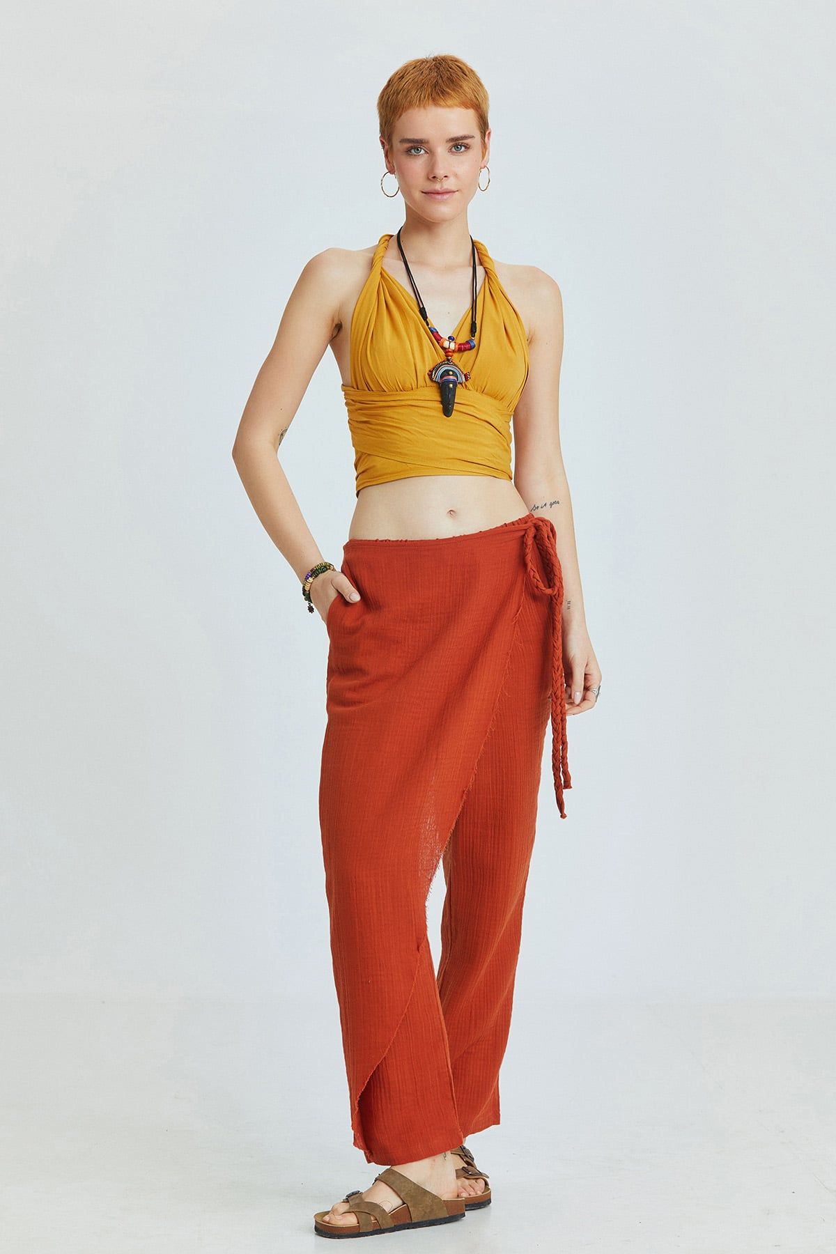 Orange Muslin Summer Pants with Crossover Closure and Lace-Up Details