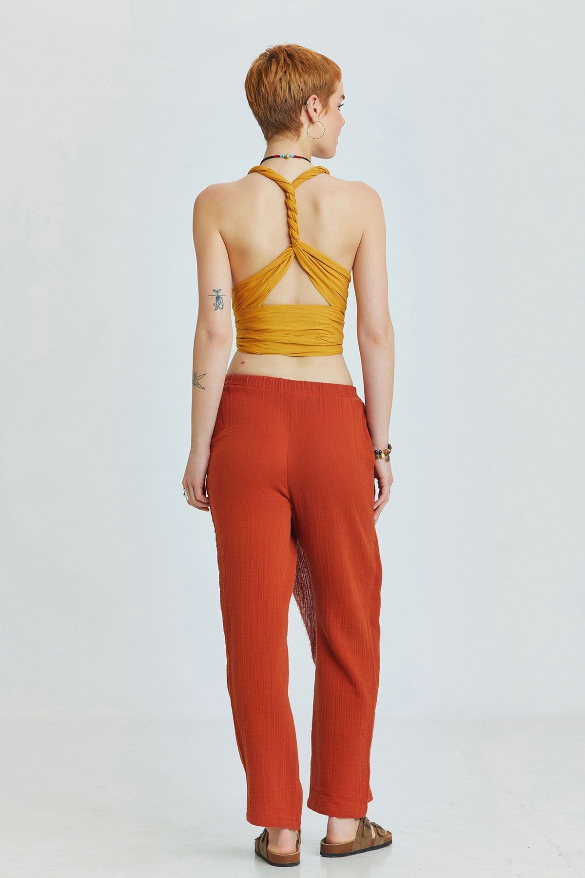 Orange Muslin Summer Pants with Crossover Closure and Lace-Up Details