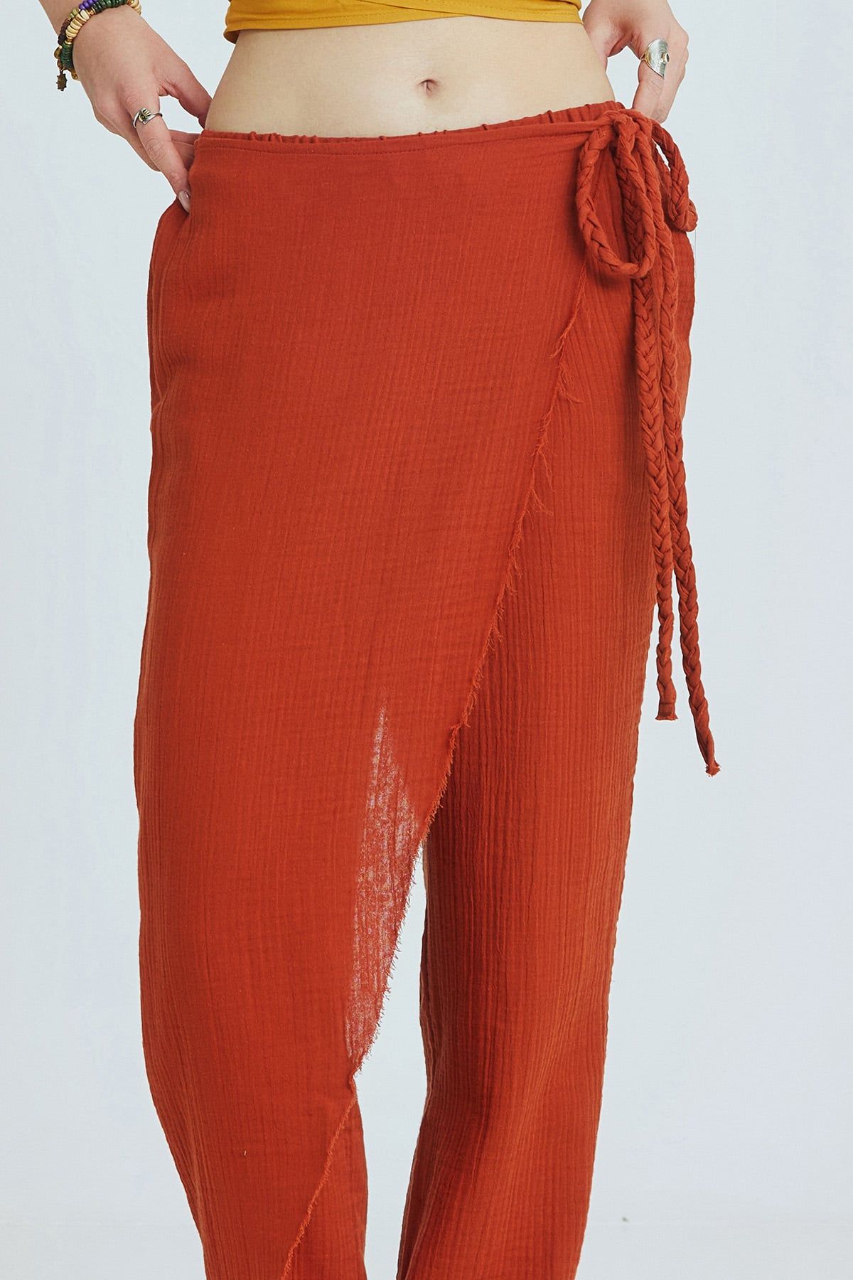 Orange Muslin Summer Pants with Crossover Closure and Lace-Up Details