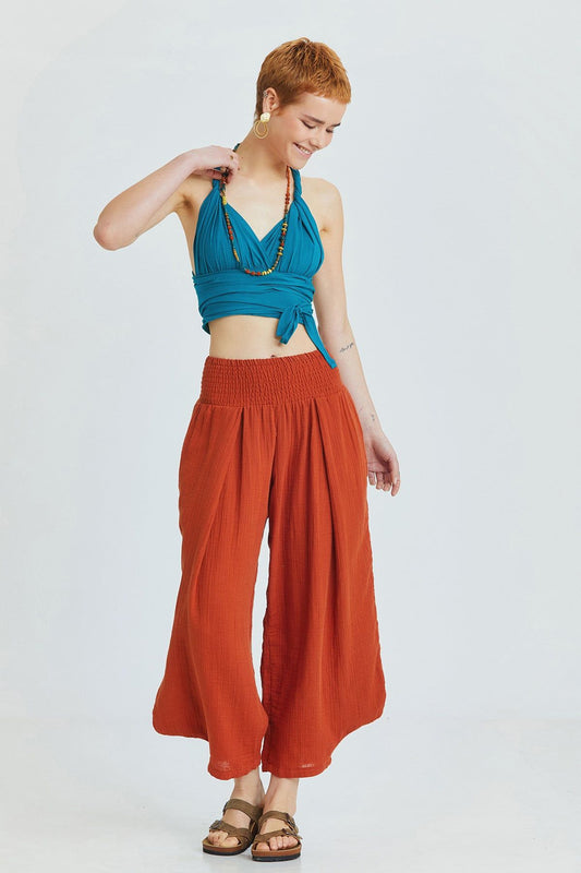 Burnt Orange Bohemian Cotton Muslin Pants with Elastic Waist and Wide Legs