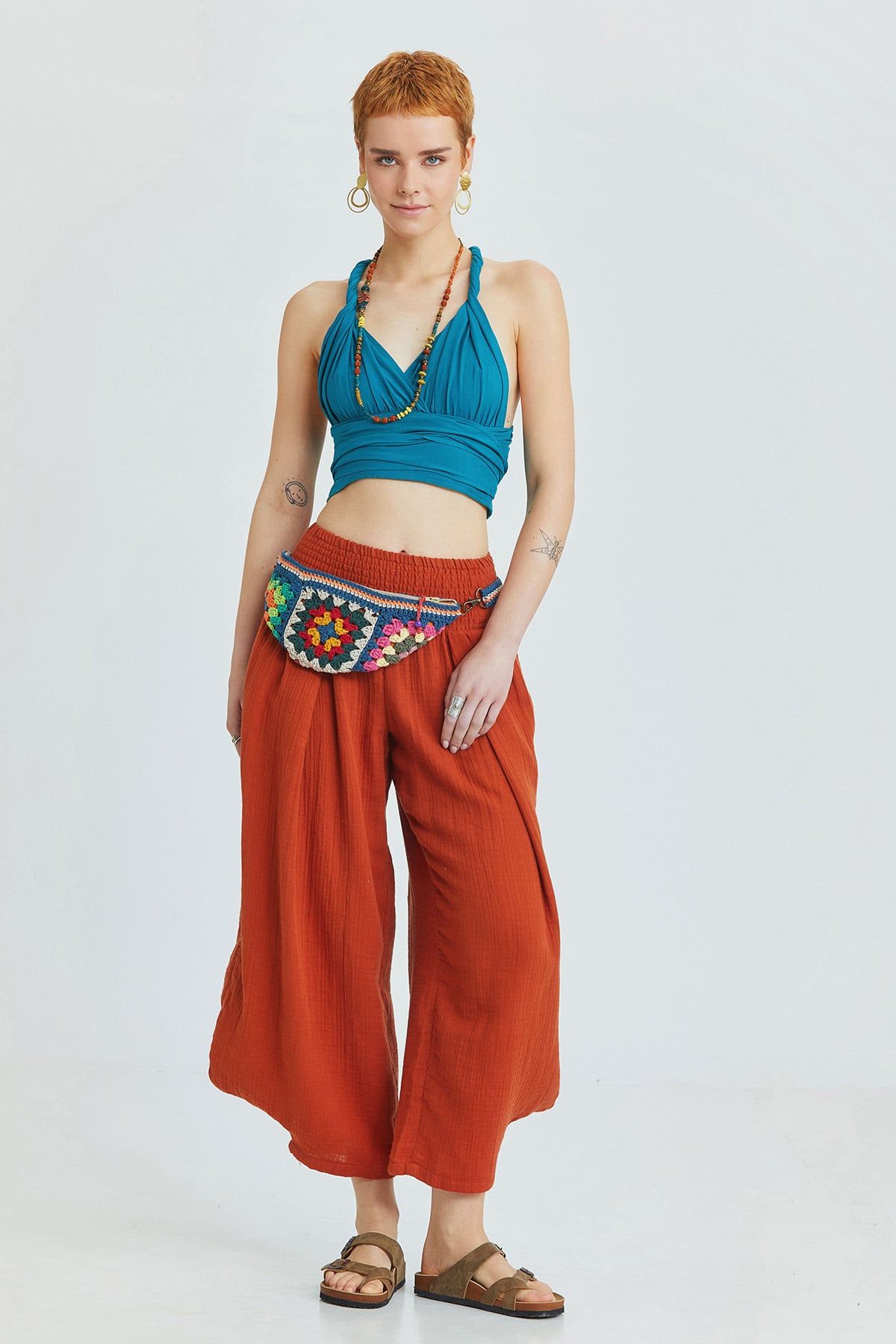 Burnt Orange Bohemian Cotton Muslin Pants with Elastic Waist and Wide Legs