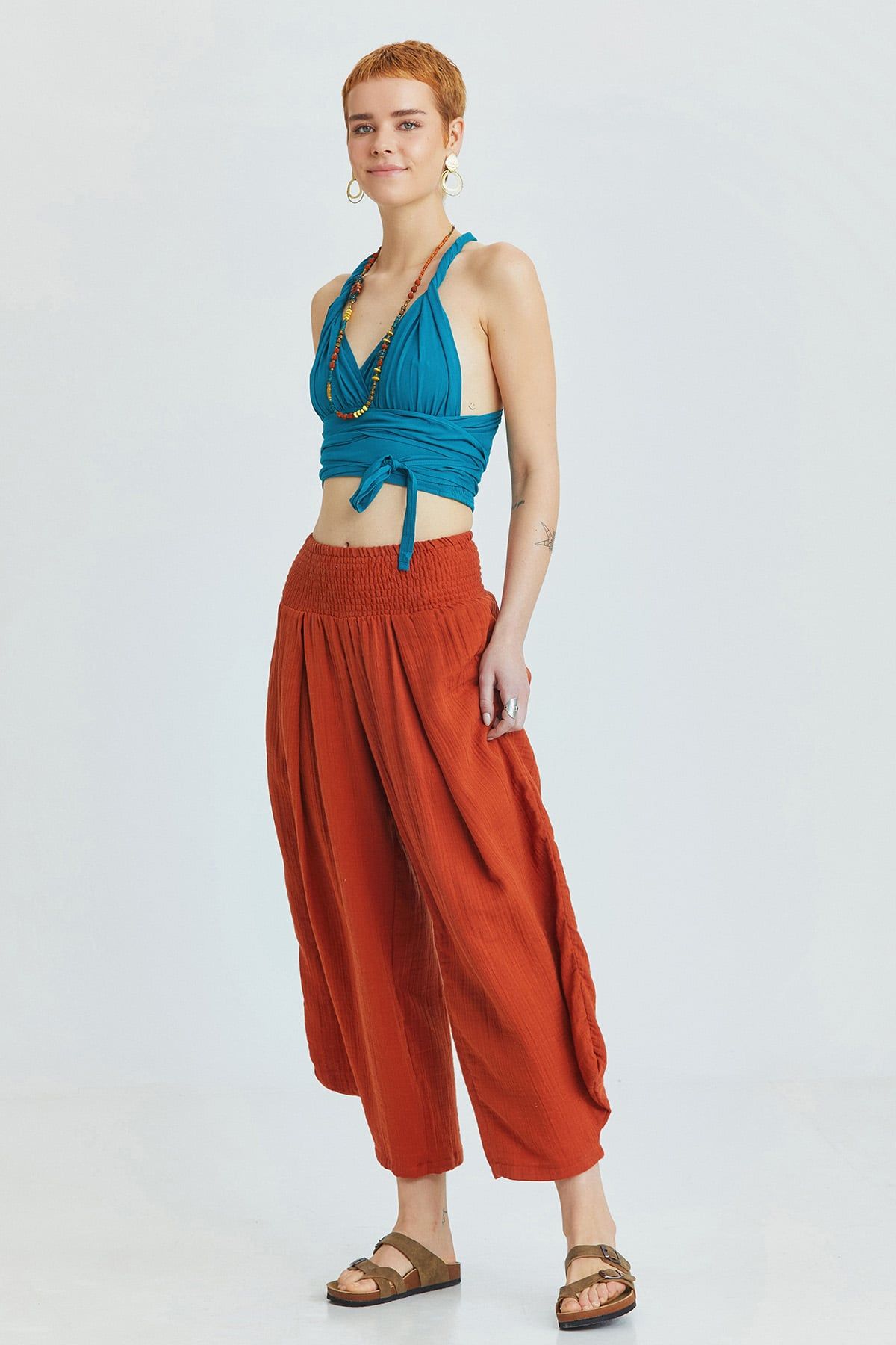 Burnt Orange Bohemian Cotton Muslin Pants with Elastic Waist and Wide Legs