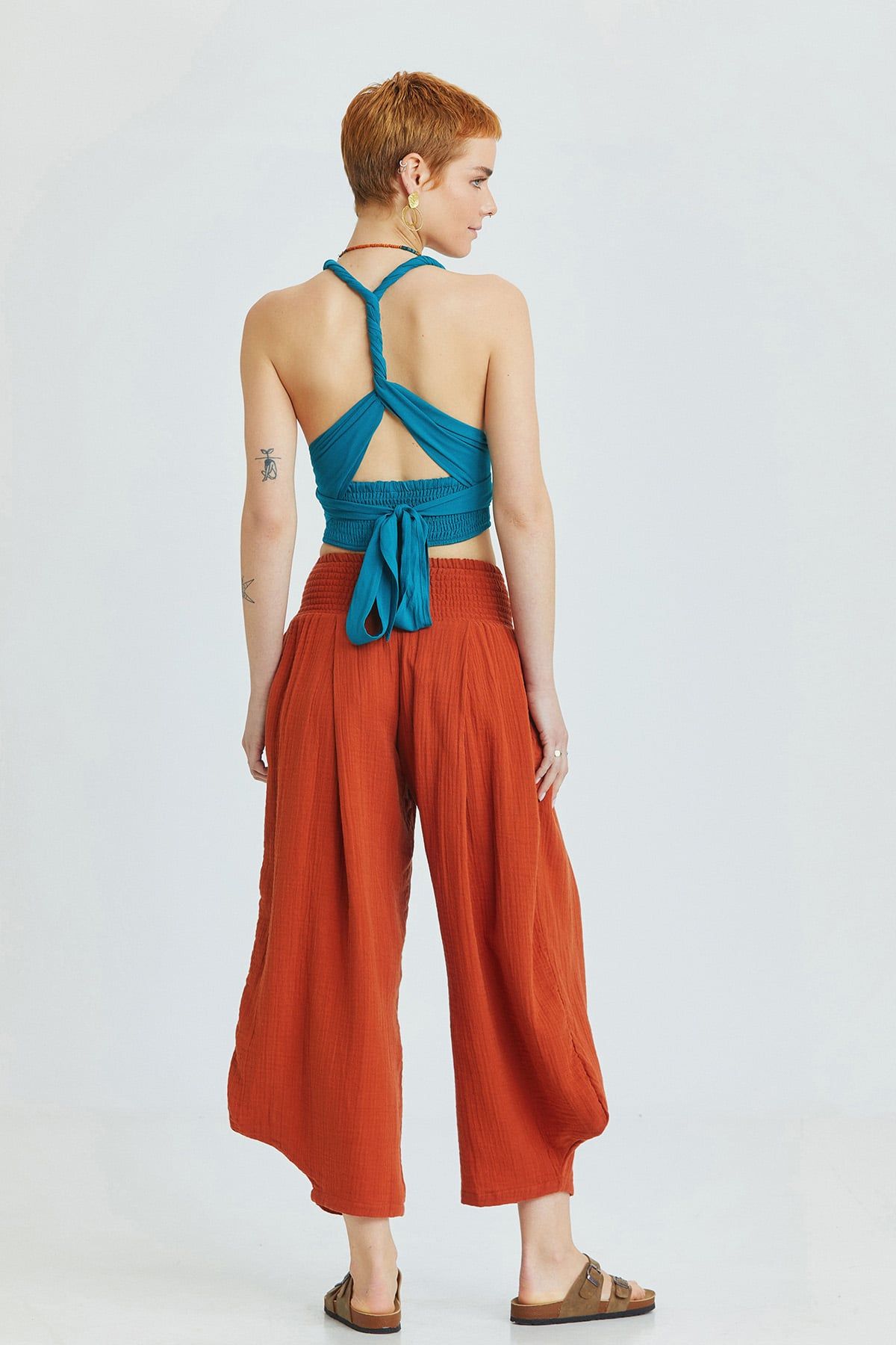 Burnt Orange Bohemian Cotton Muslin Pants with Elastic Waist and Wide Legs