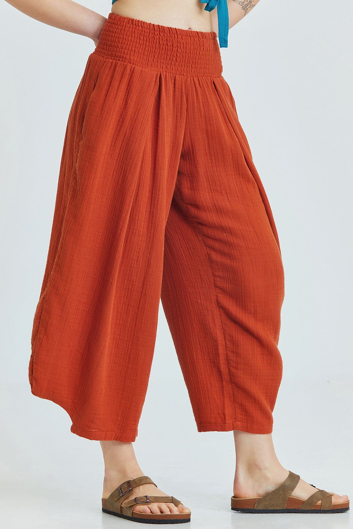 Burnt Orange Bohemian Cotton Muslin Pants with Elastic Waist and Wide Legs