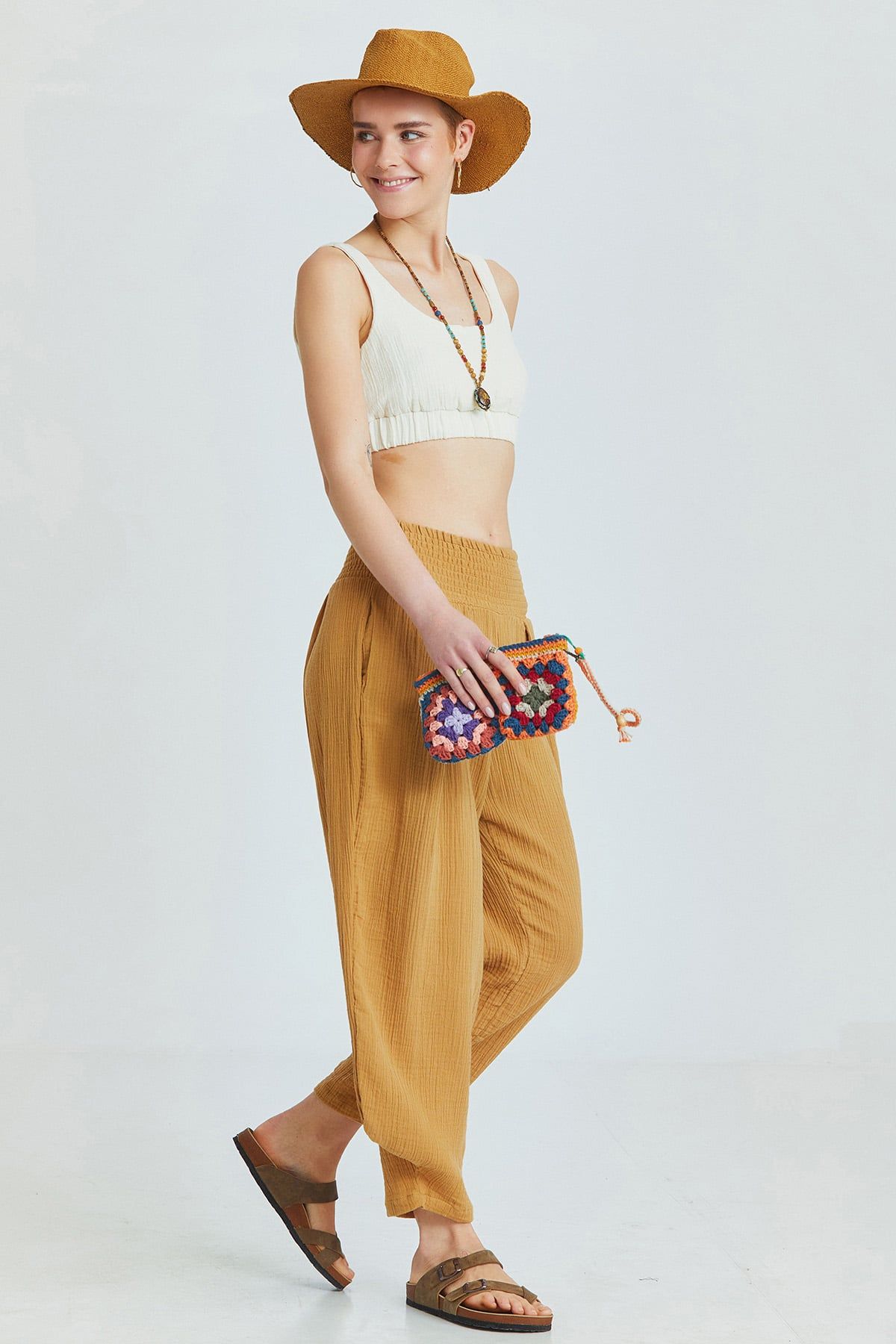 Camel Bohemian Cotton Muslin Pants with Elastic Waist and Wide Legs