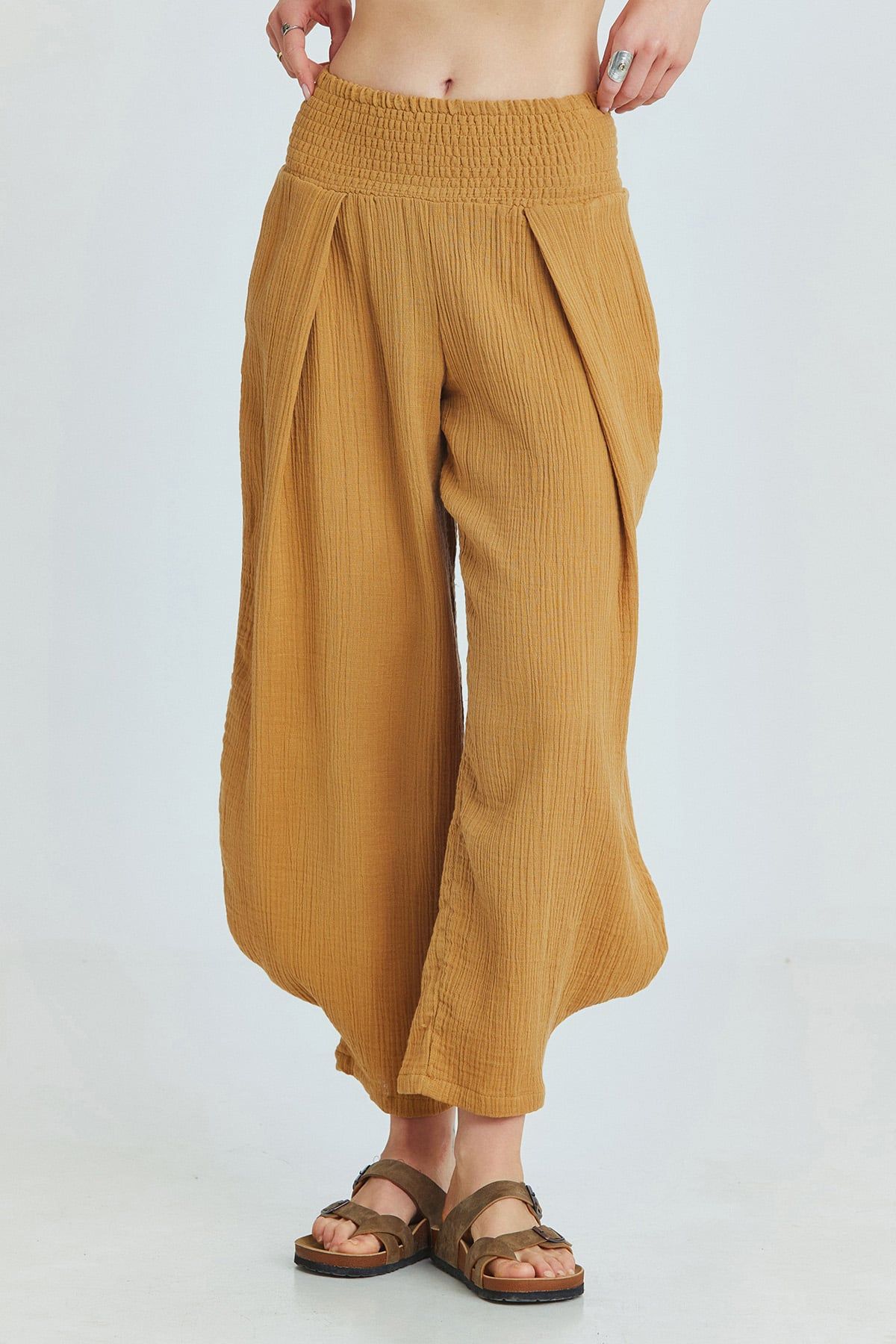 Camel Bohemian Cotton Muslin Pants with Elastic Waist and Wide Legs