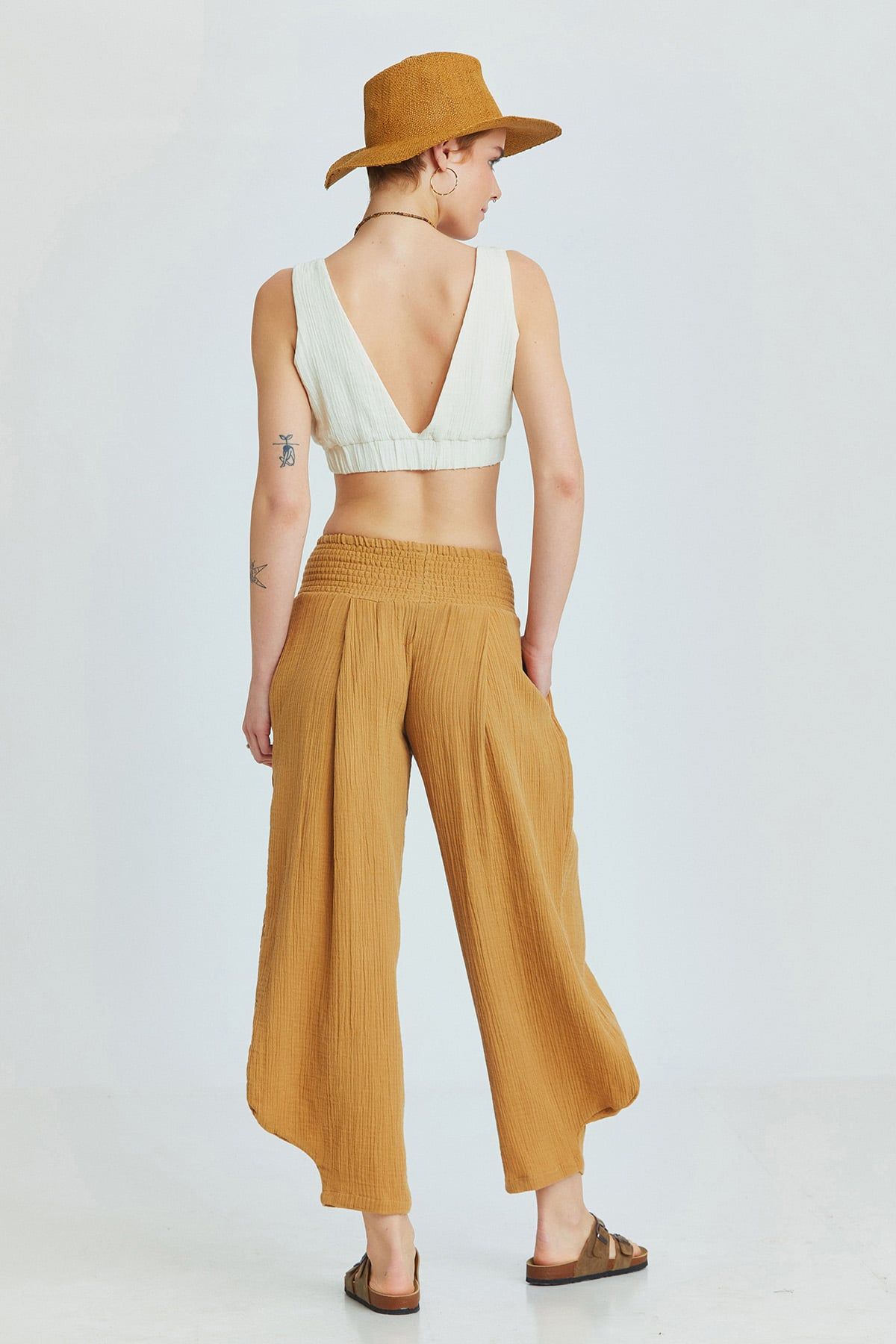 Camel Bohemian Cotton Muslin Pants with Elastic Waist and Wide Legs